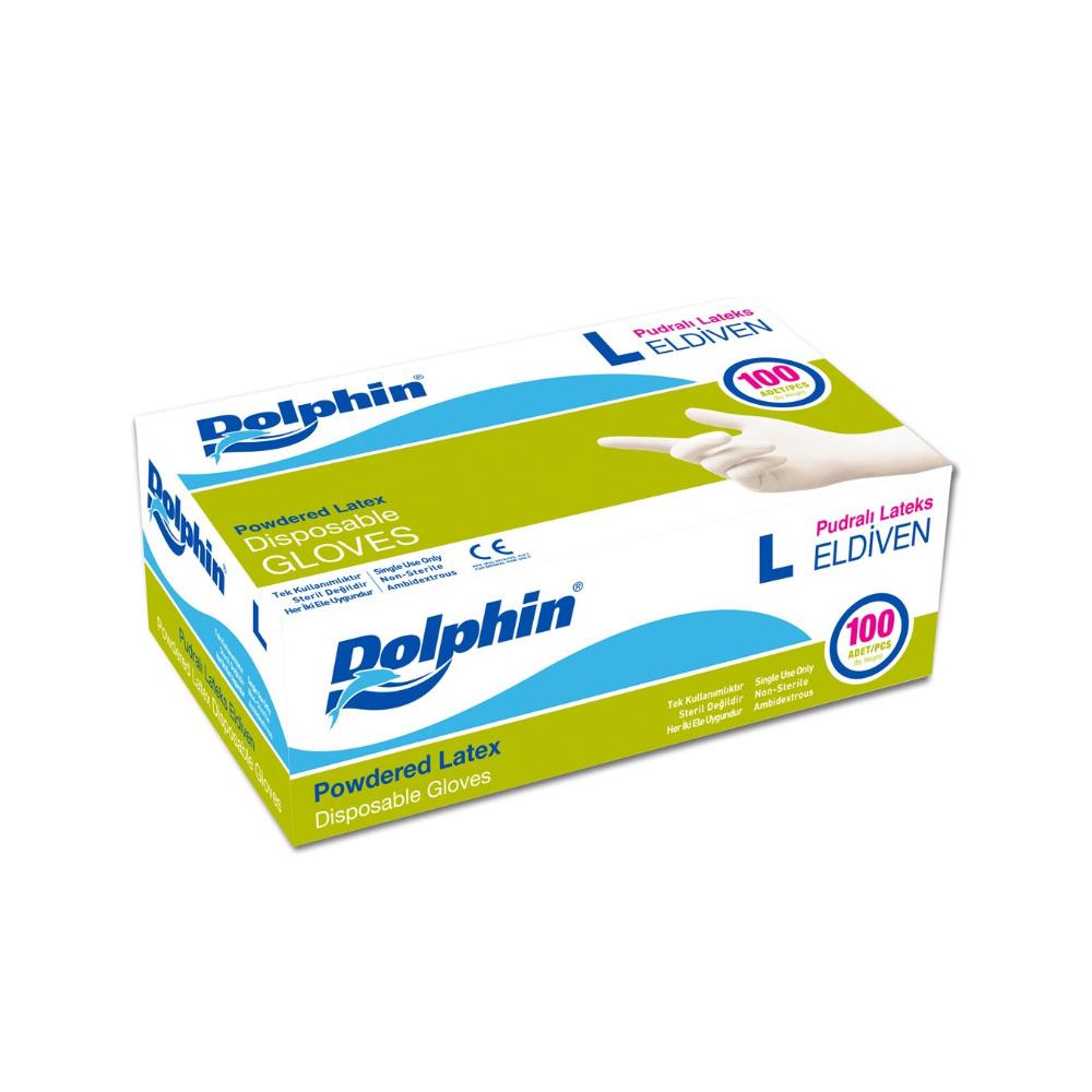 Dolphin Pudralı Latex Beyaz Eldiven Large 100Lü