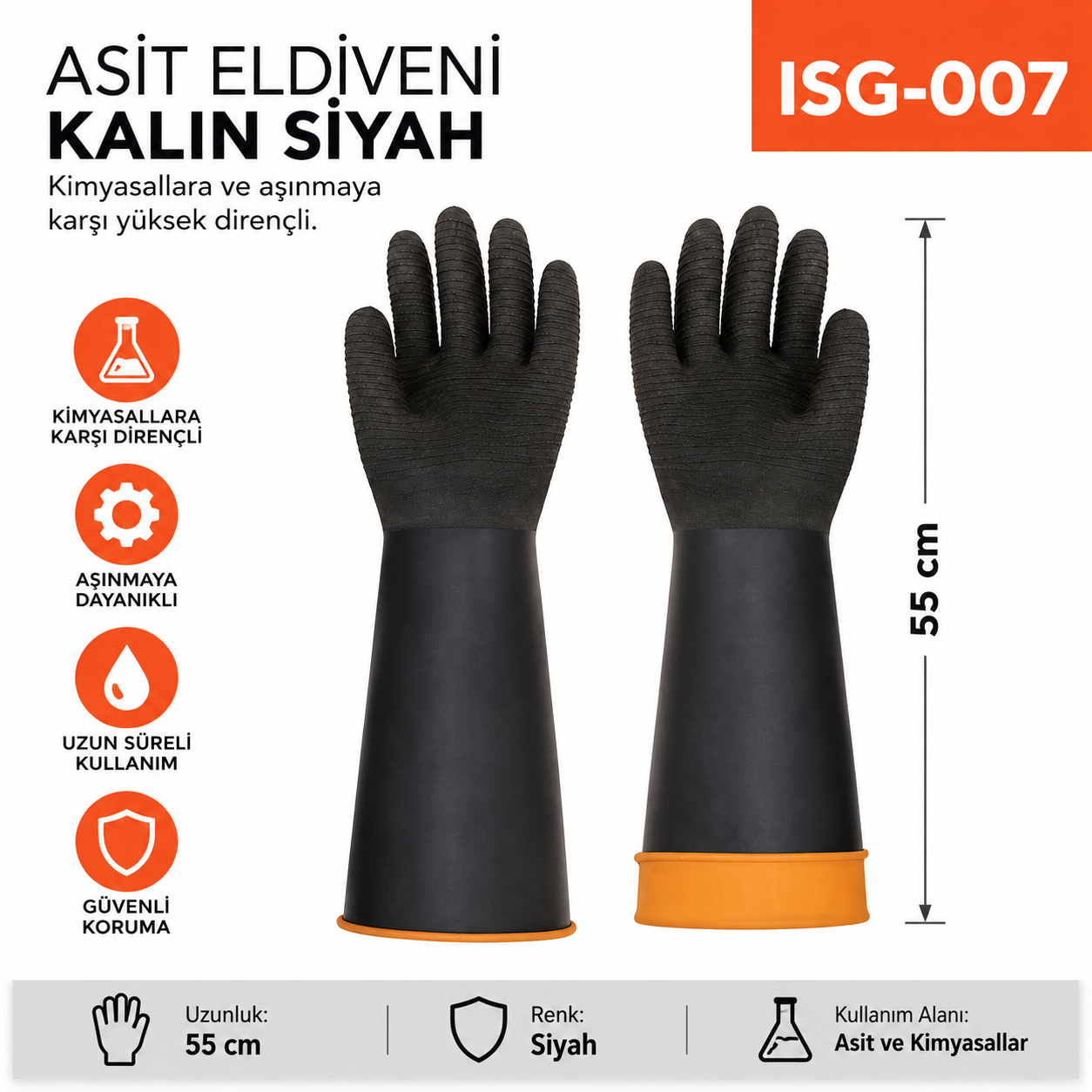 Asit Eldiveni Kalın Siyah (55 Cm) (H2-55)