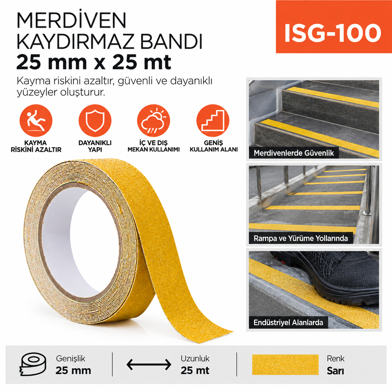Merdiven Kaydırmaz Bandı 25 mm*25 mt