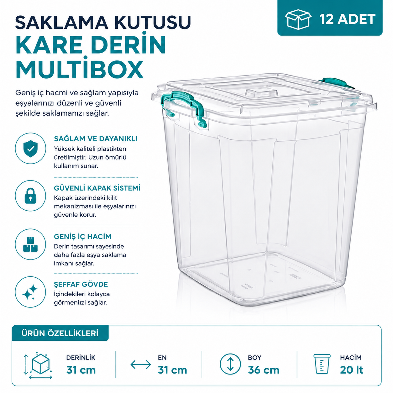 Saklama Kutusu Kare Derin M.Box No:8 (20 LT) (E-627)