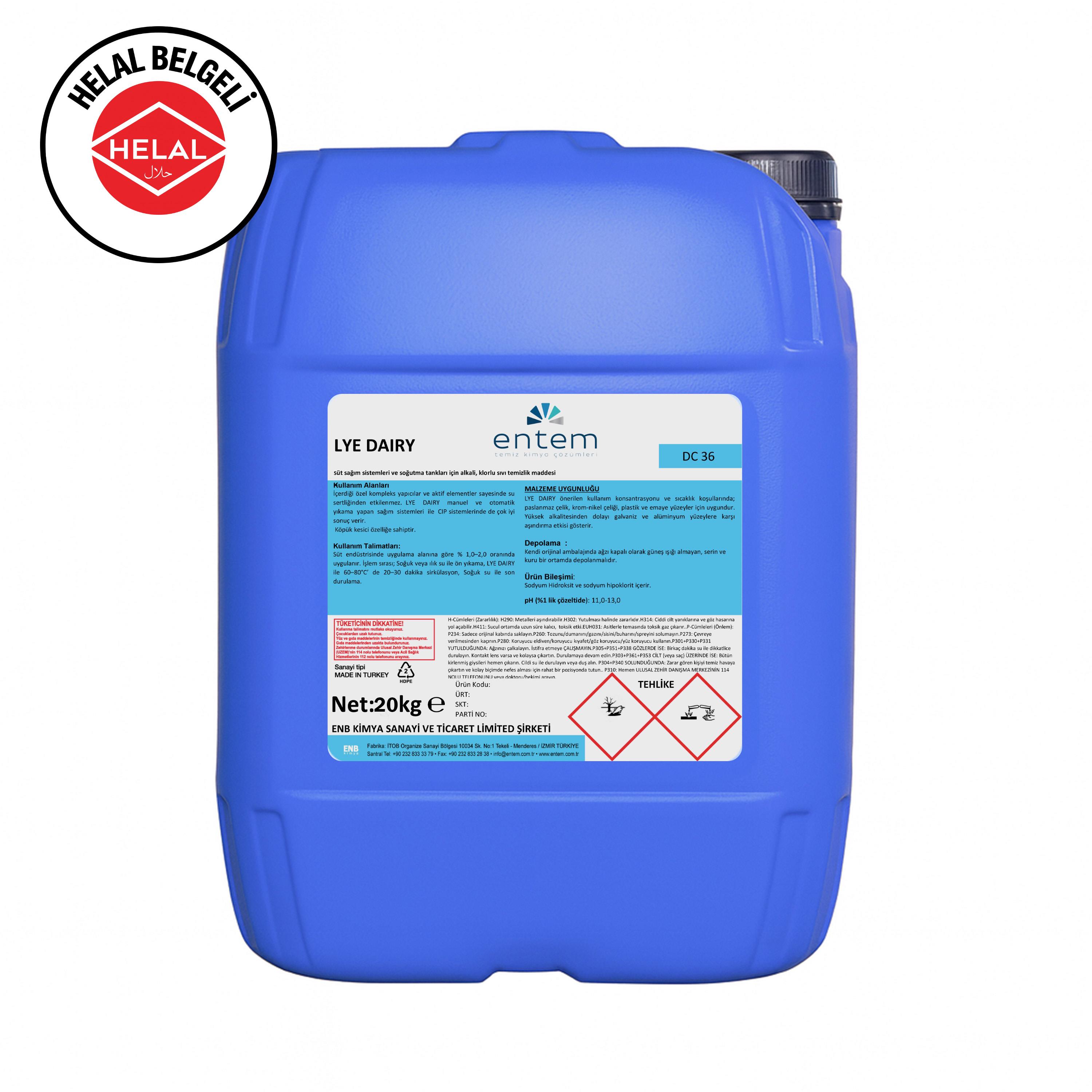 Entem LYE DAIRY helal belgeli Alkali Sağım Sistemi ve Süt Tankı Temizleyicisi 25 LT