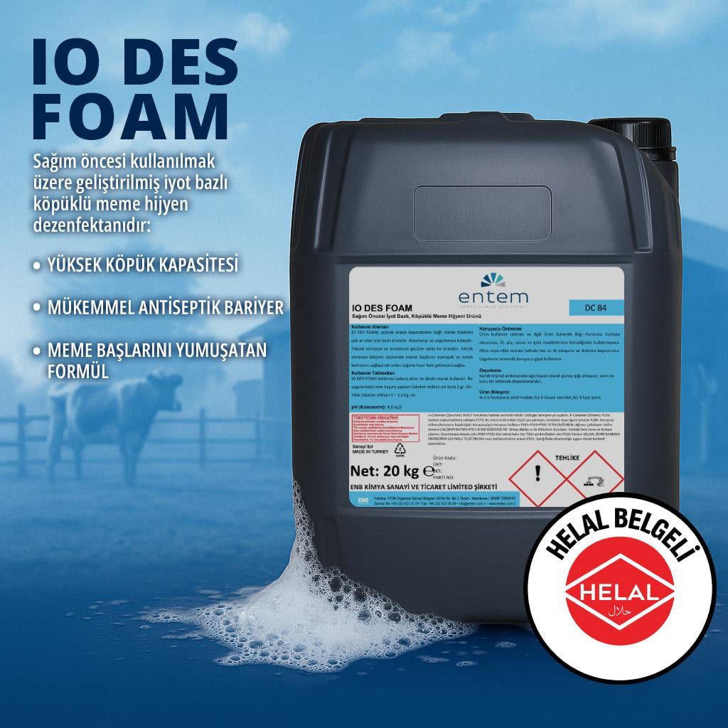 IO DES FOAM – İyot Bazlı Sağım Öncesi Köpüklü Meme Hijyeni Daldırma Konsantratı 20 Lt