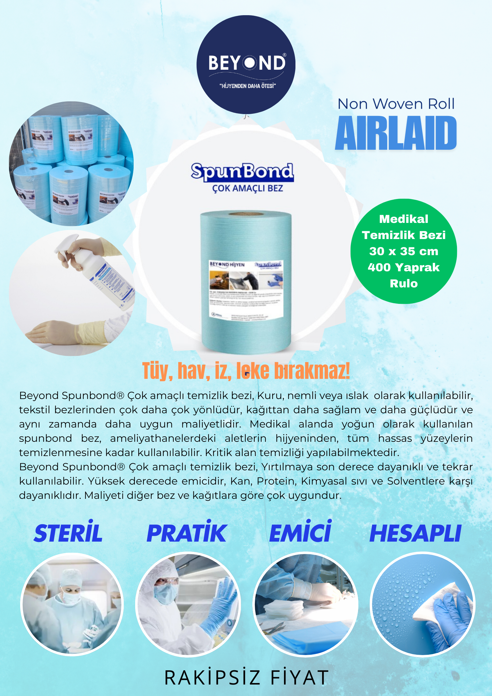 Spunforce Horeca Profesyonel Temizlik Bezi 400 Yaprak Turkuaz Rulo 30x35 cm
