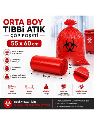 Orta Boy Tıbbi Atık Çöp Poşeti 55x60 cm 25li – 575 Gr