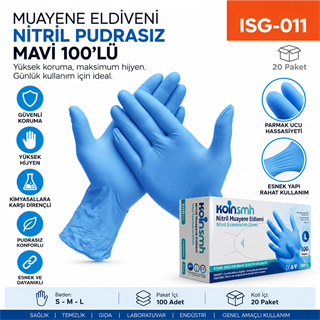 Muayene Eldiveni Nitril Pudrasız Mavi 100lü
