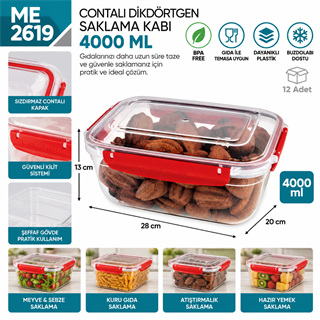 Contalı Dikdörtgen Saklama Kabı 4000 ML (30815)