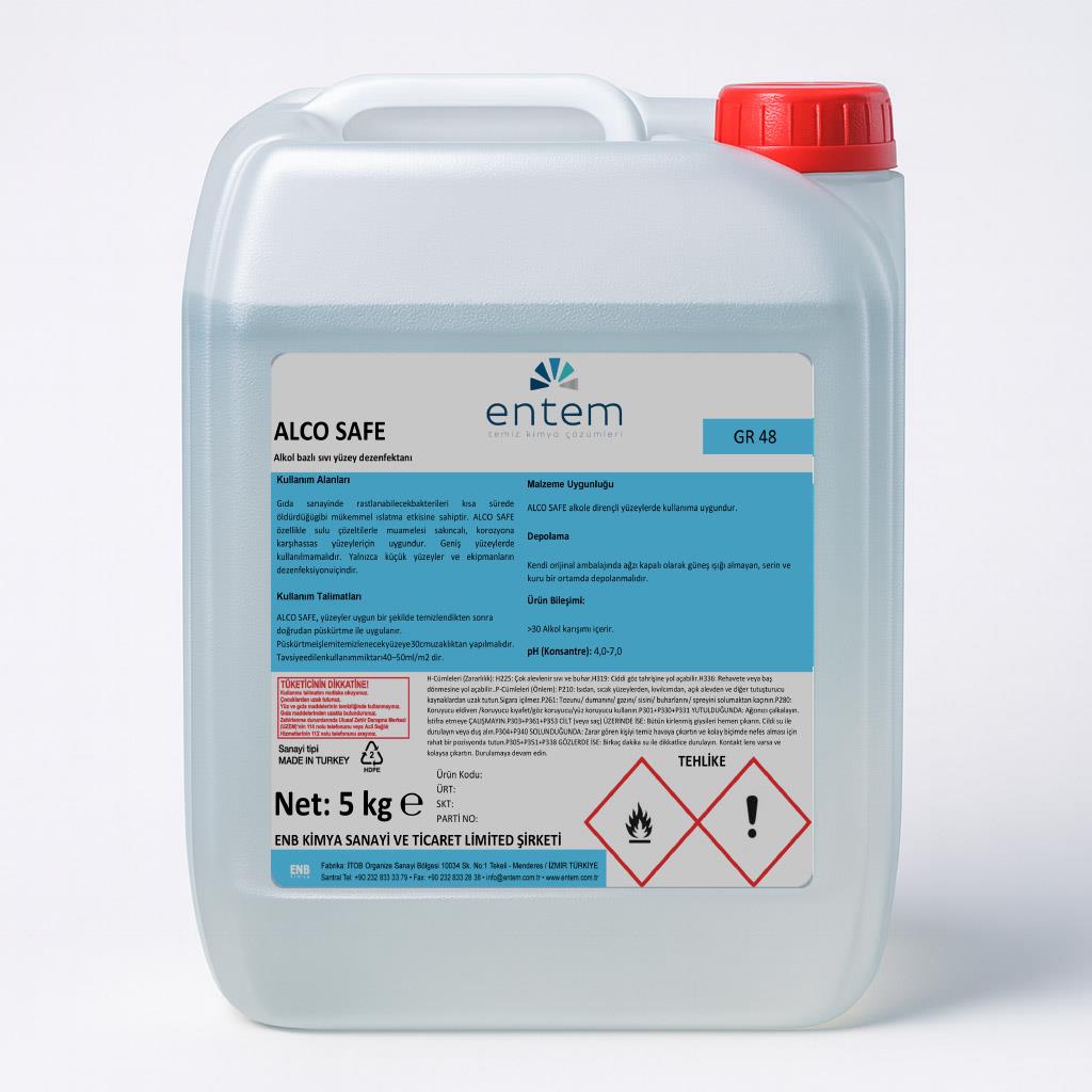 ALCO SAFE – Alkol Bazlı Sıvı Yüzey Dezenfektanı | Hızlı ve Etkili Hijyen Çözümü  I Temizlik Kimyasalları I Beyond HijyenEntemALCO SAFE – Alkol Bazlı Sıvı Yüzey Dezenfektanı 5 Lt