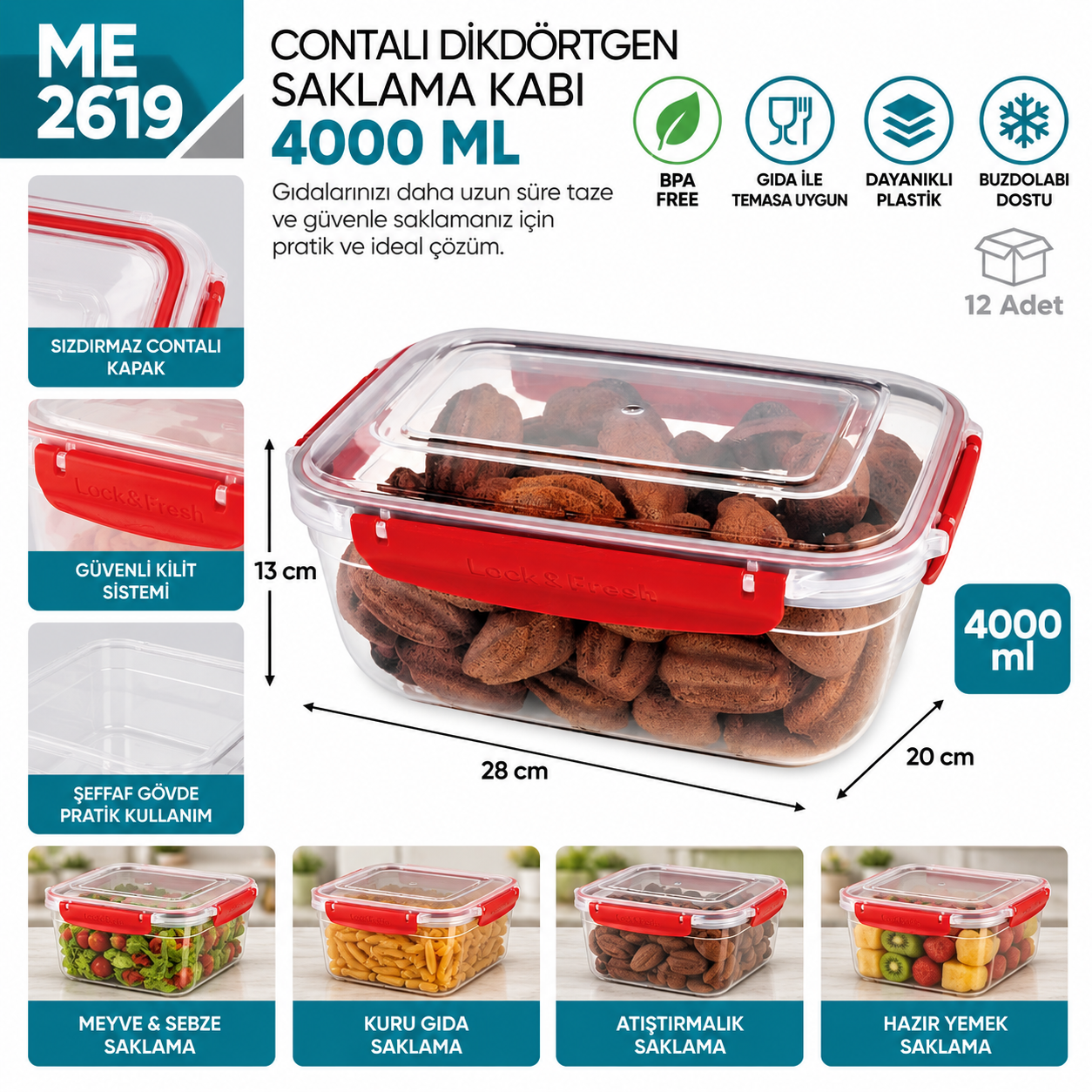 Contalı Dikdörtgen Saklama Kabı 4000 ML (30815) | Beyond HijyenBeyond HijyenContalı Dikdörtgen Saklama Kabı 4000 ML (30815)