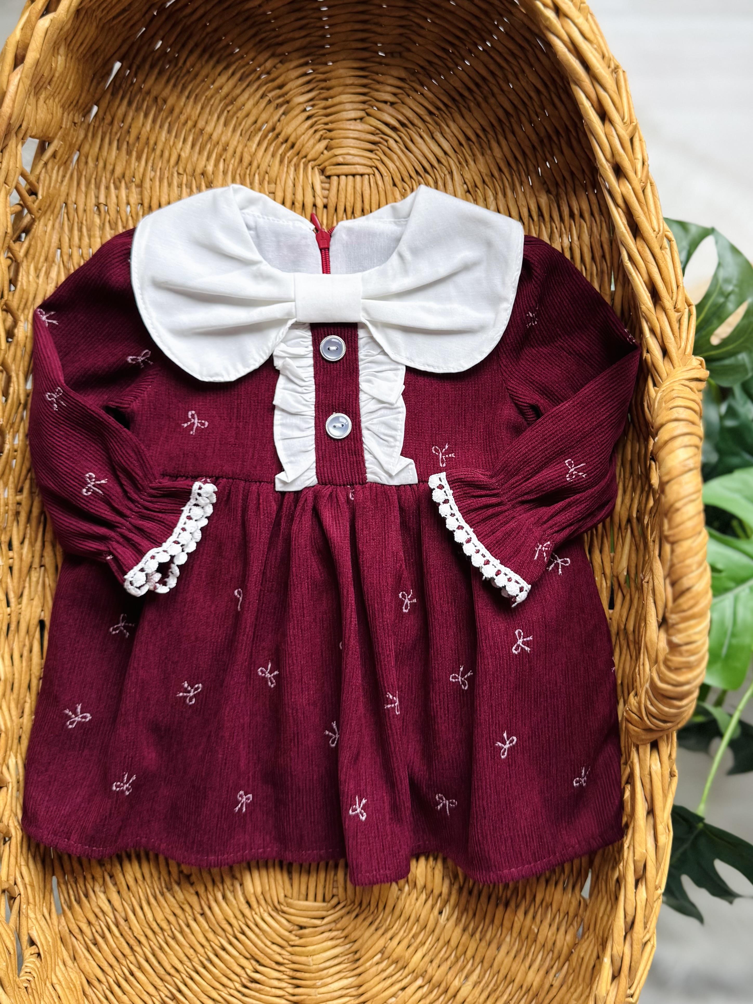 Bordo Vintage Bow Kadife Elbise