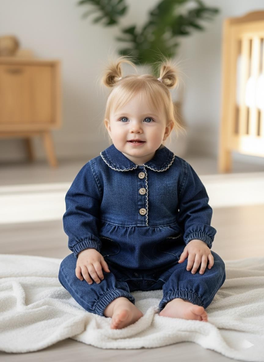 Cep ve Yaka Detaylı Denim Tulum
