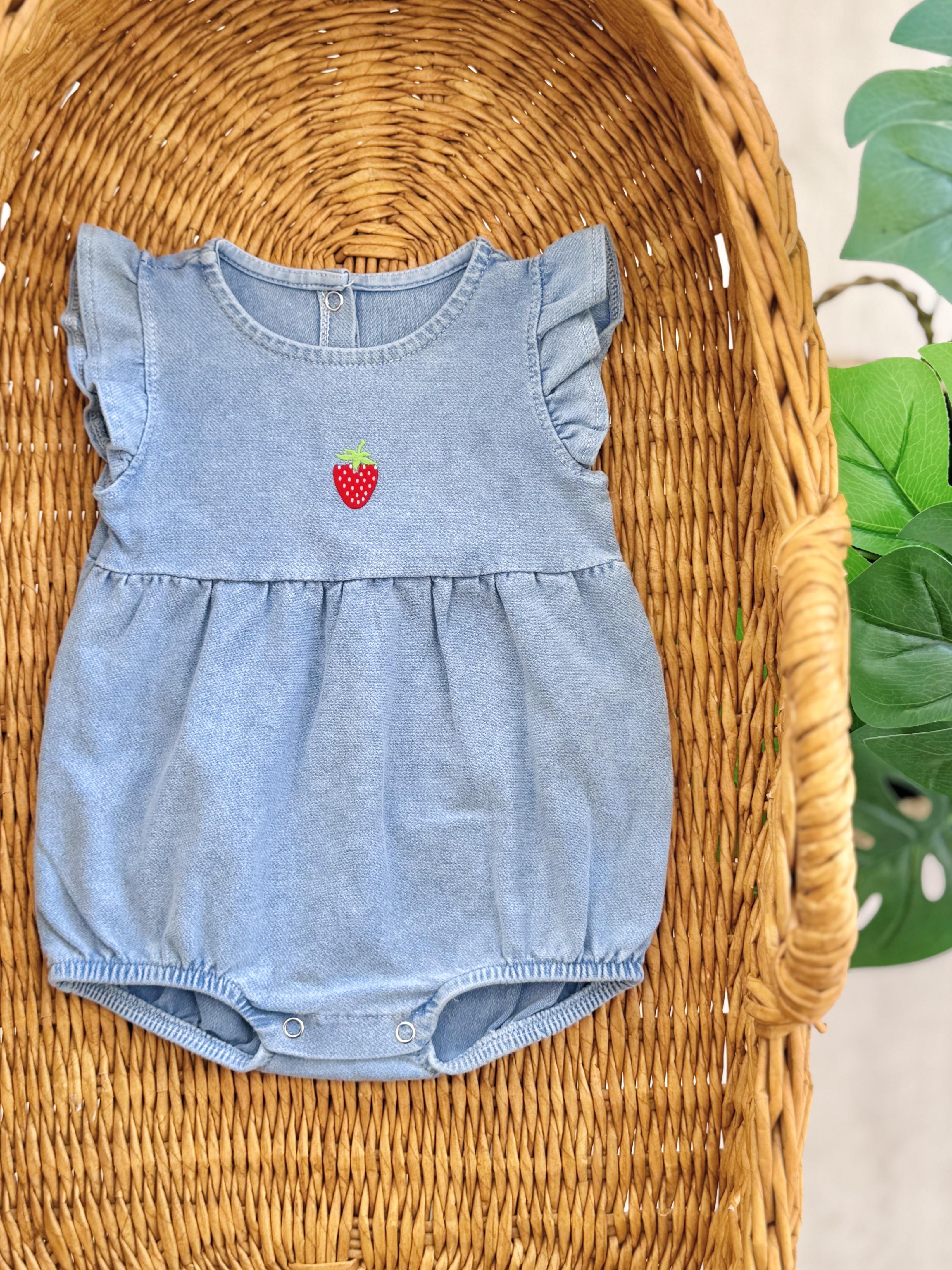 Çilek İşlemeli Yumuşak Kot Görünümlü Tulum 