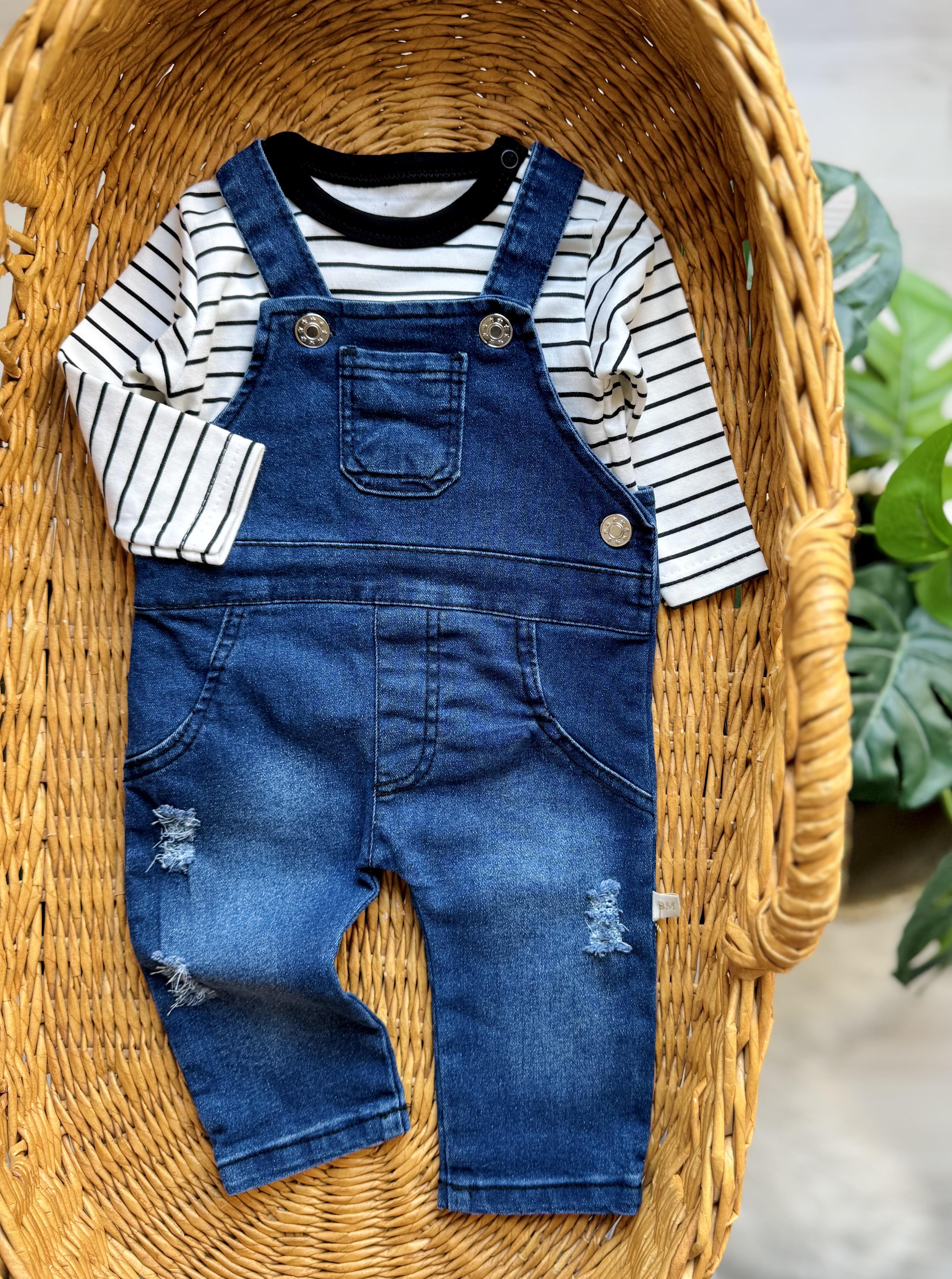 Çizgili Badili Denim Salopet
