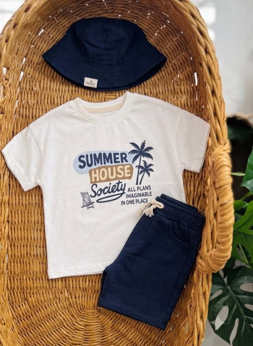 Lacivert Summer House Müslin Şortlu Şapkalı Takım