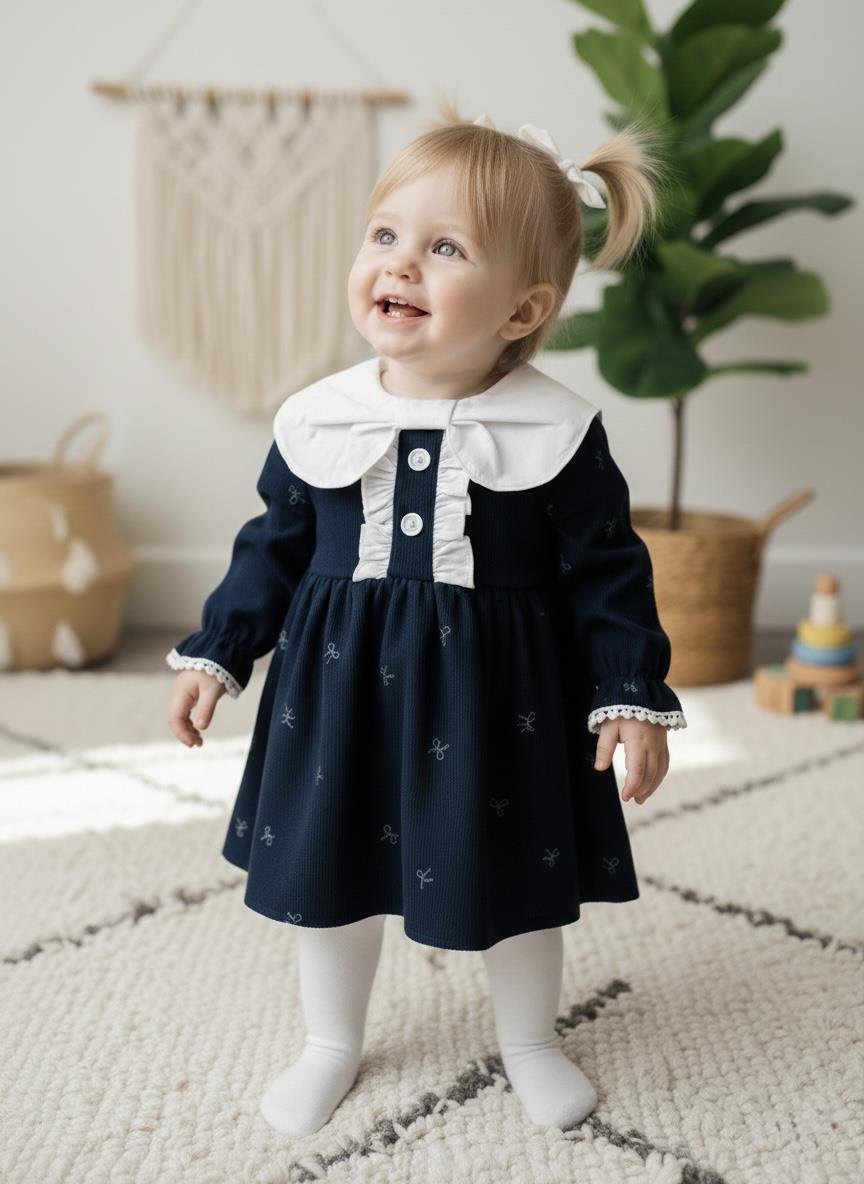 Lacivert Vintage Bow Kadife Elbise