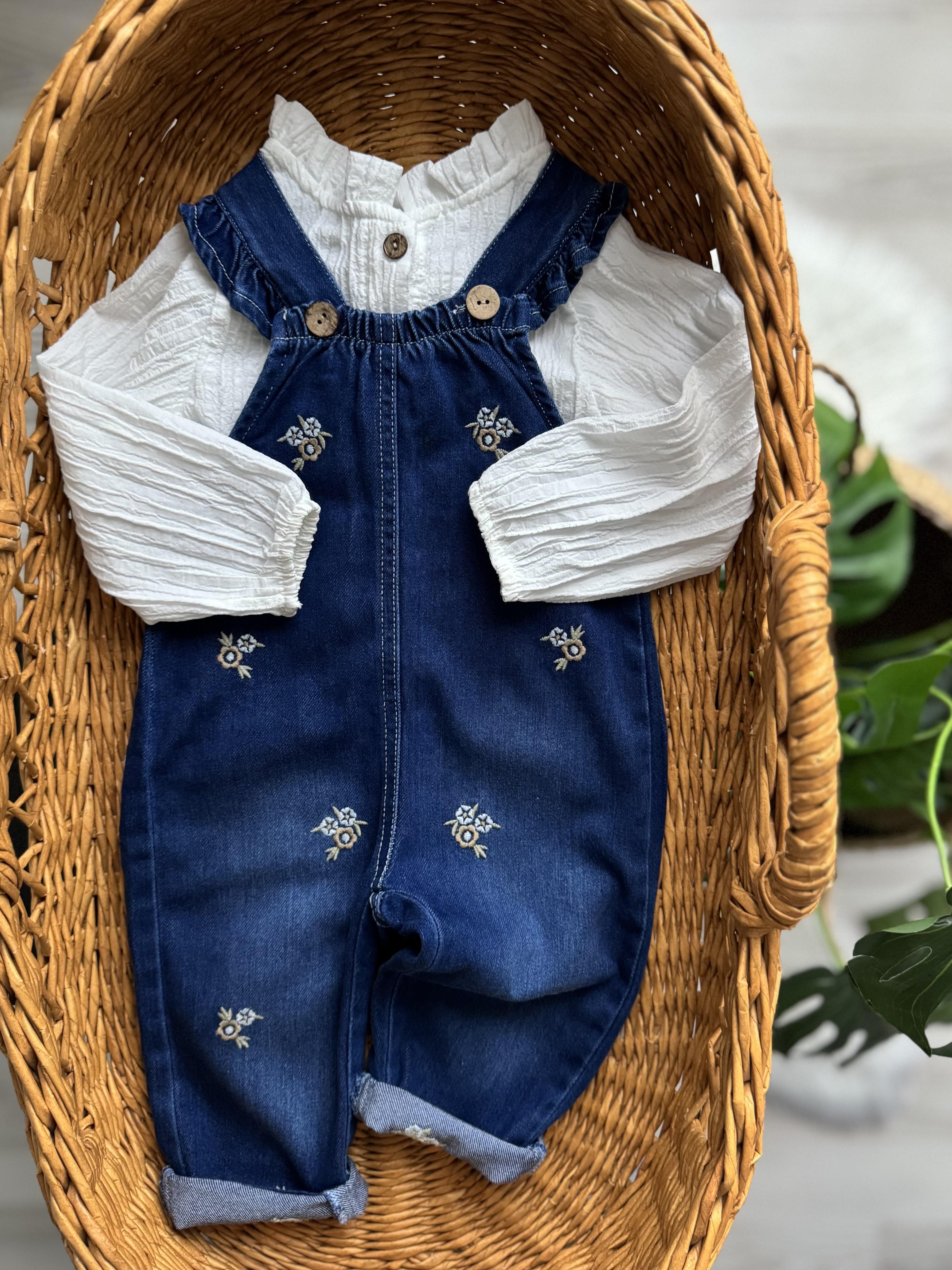 Loris Gömlekli Çiçek Nakışlı Denim Salopet