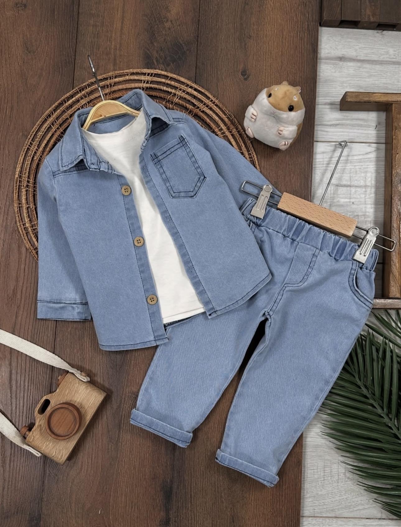 Mavi Likralı Denim 3lü Takım
