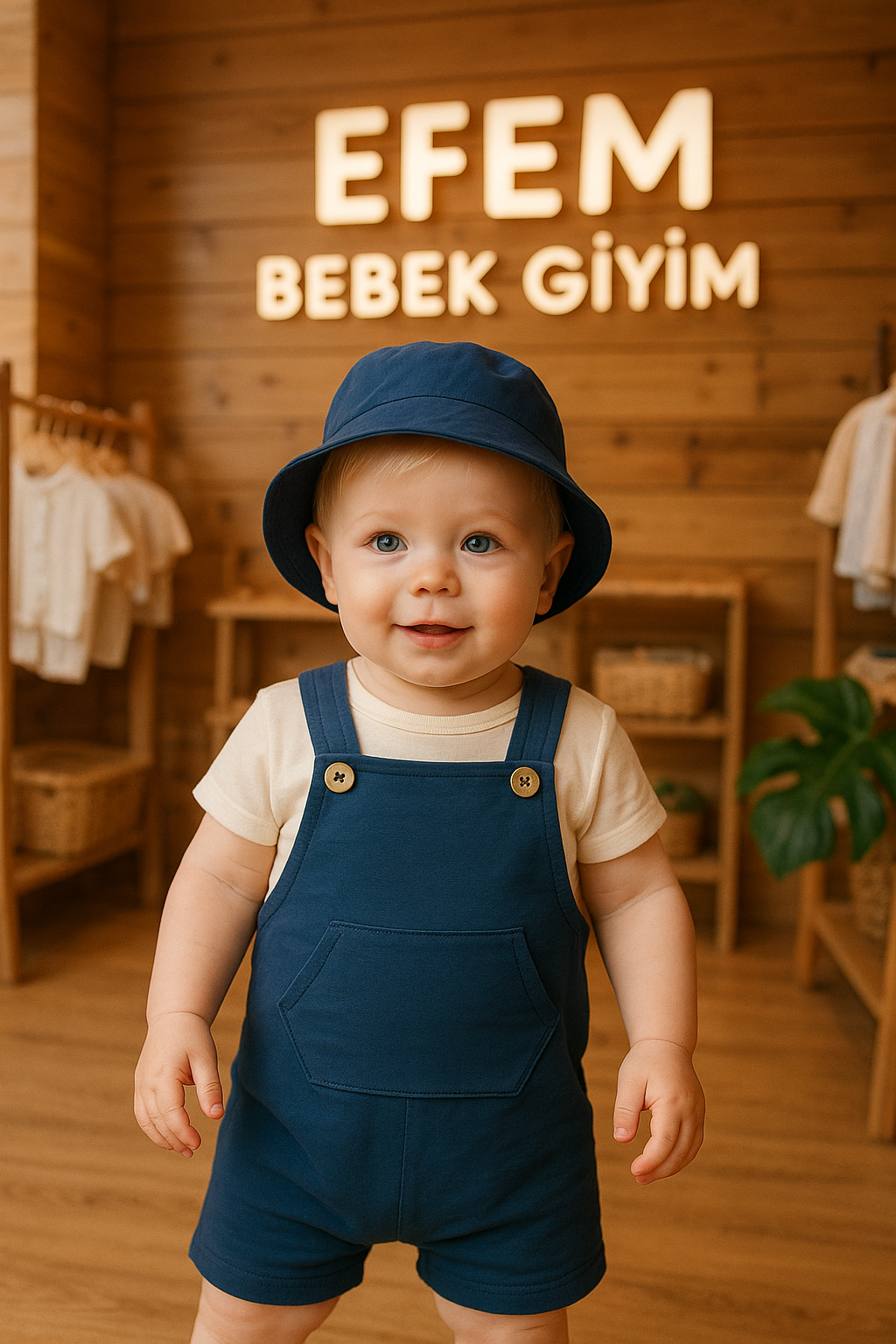 Mavi Safari Şapkalı Düğmeli Salopet Takım