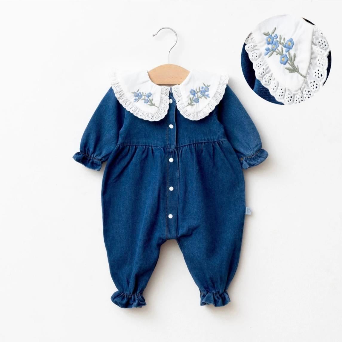 Milla Yakası Çiçek Nakışlı Denim Tulum
