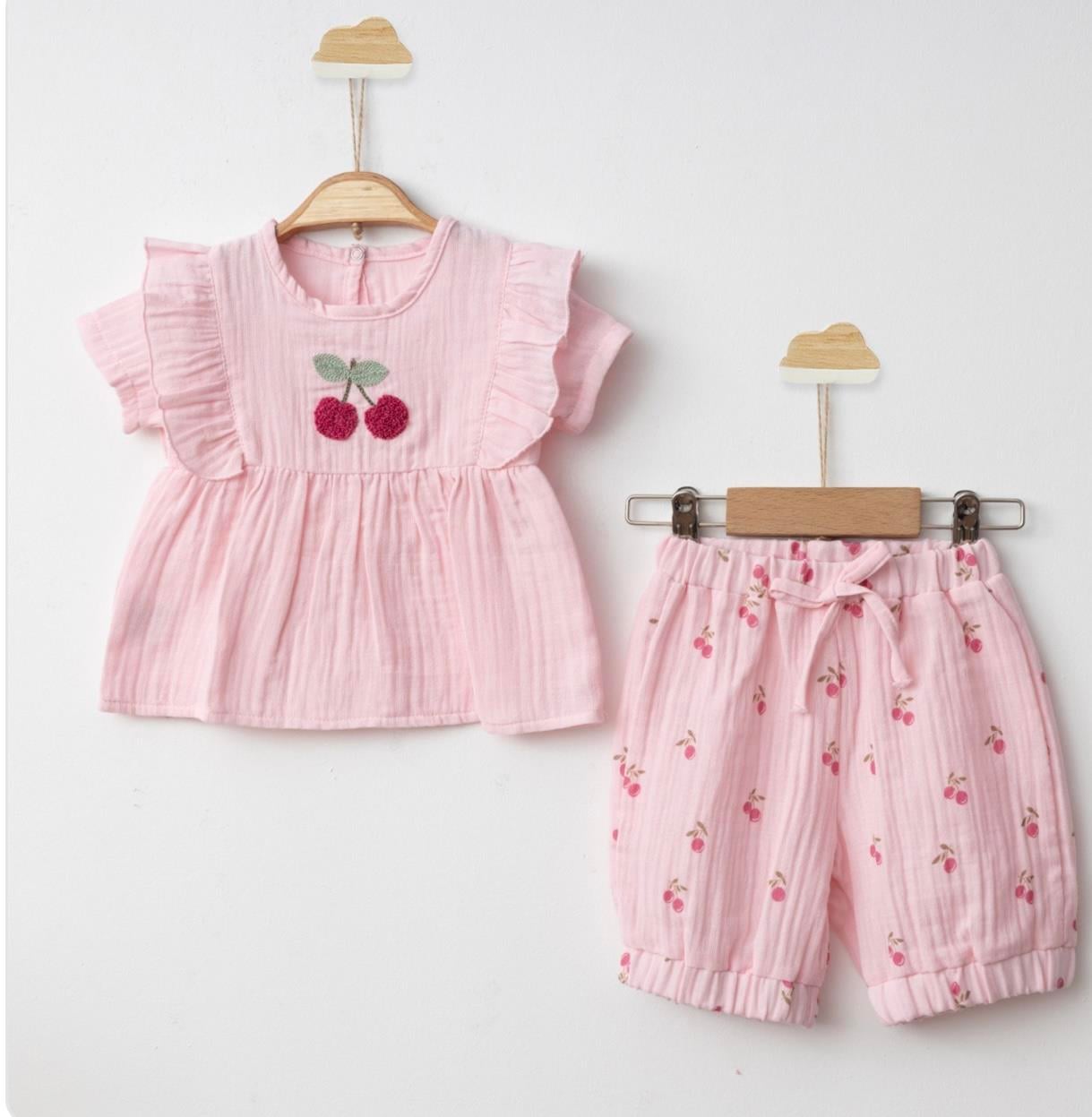 Pembe Cherry Şortlu Müslin Takım