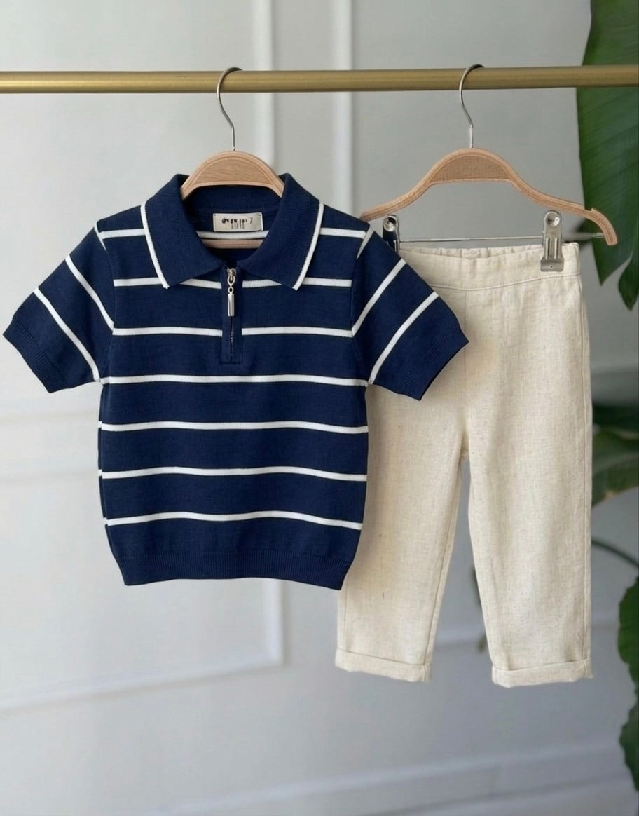 Polo Yaka Çizgili Triko Keten Pantolon Takım