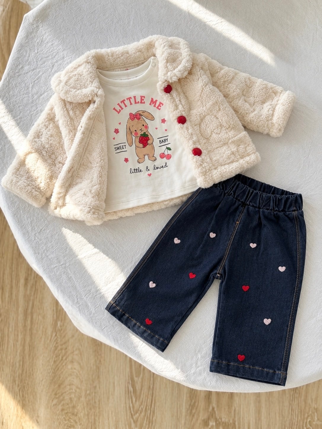 Sweet Baby Peluş Hırkalı Kalpli Pantolonlu 3lü Takım