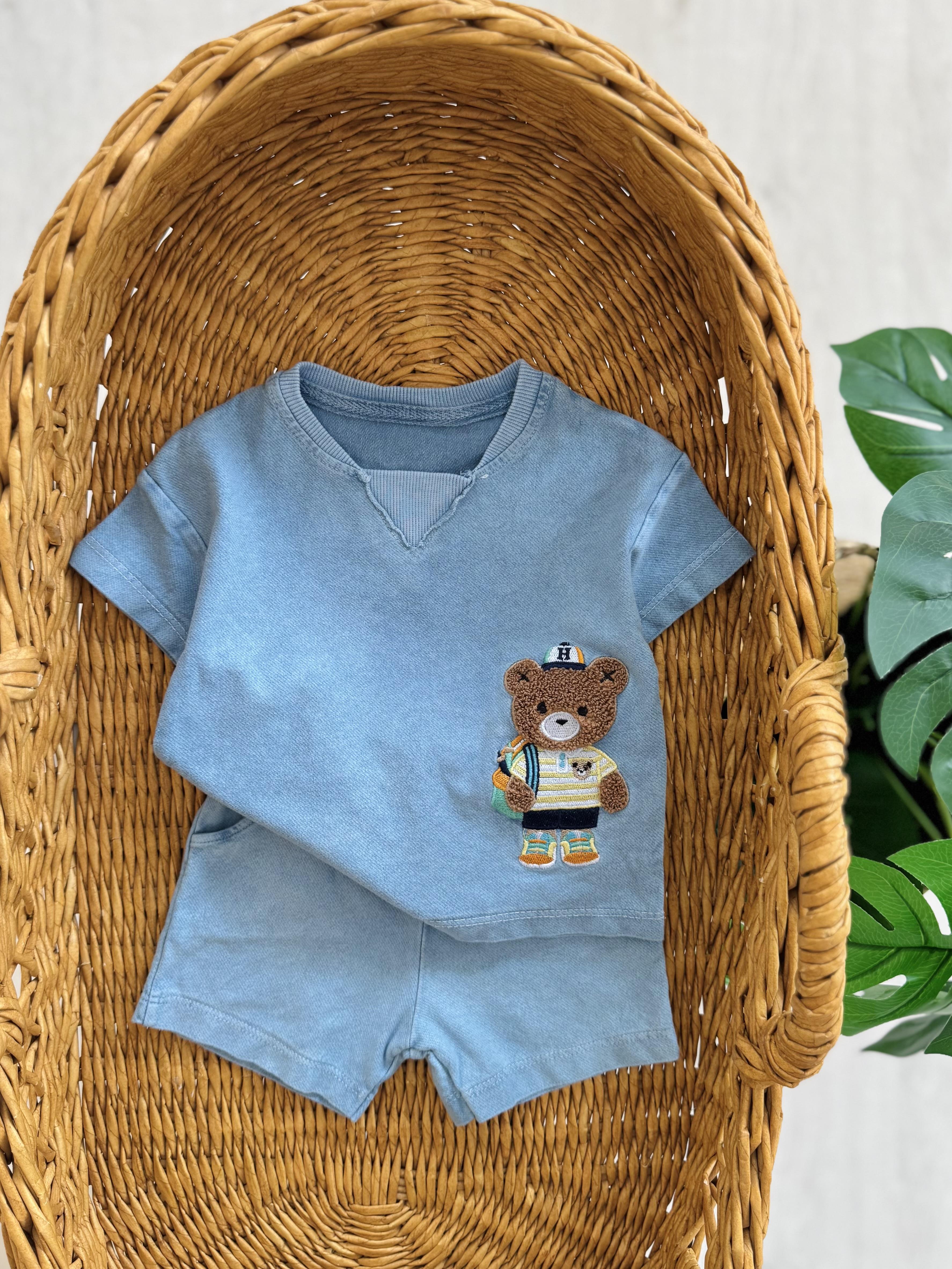 Teddy Bear Punch İşlemeli Kot Kumaş Takım