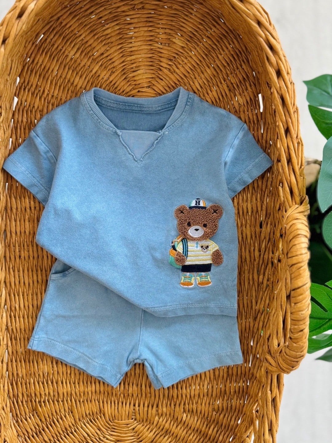 Teddy Bear Punch İşlemeli Yumuşak Kot Kumaş Takım