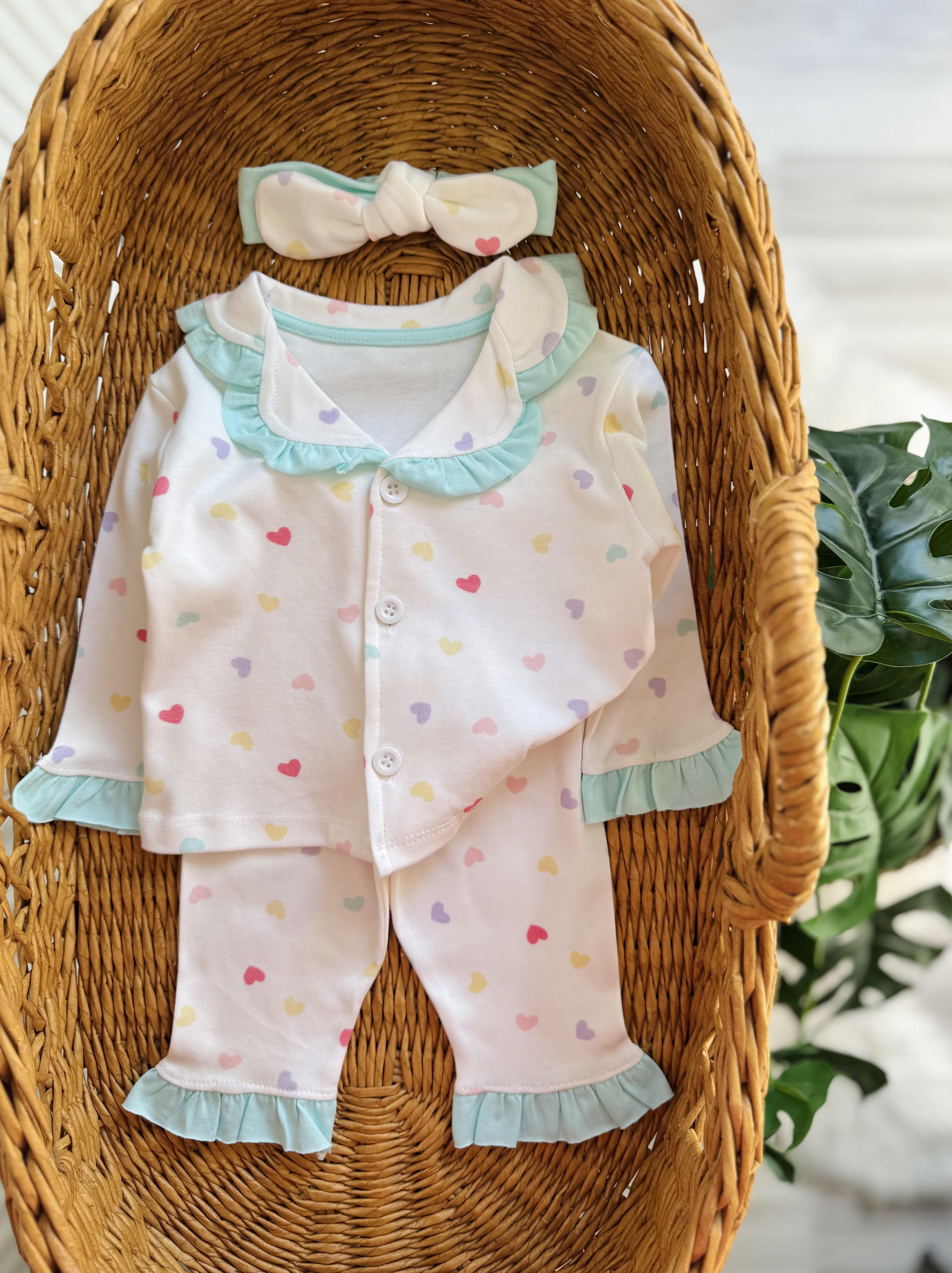 Turkuaz Renkli Kalpler Bandanalı Pijama Takimi