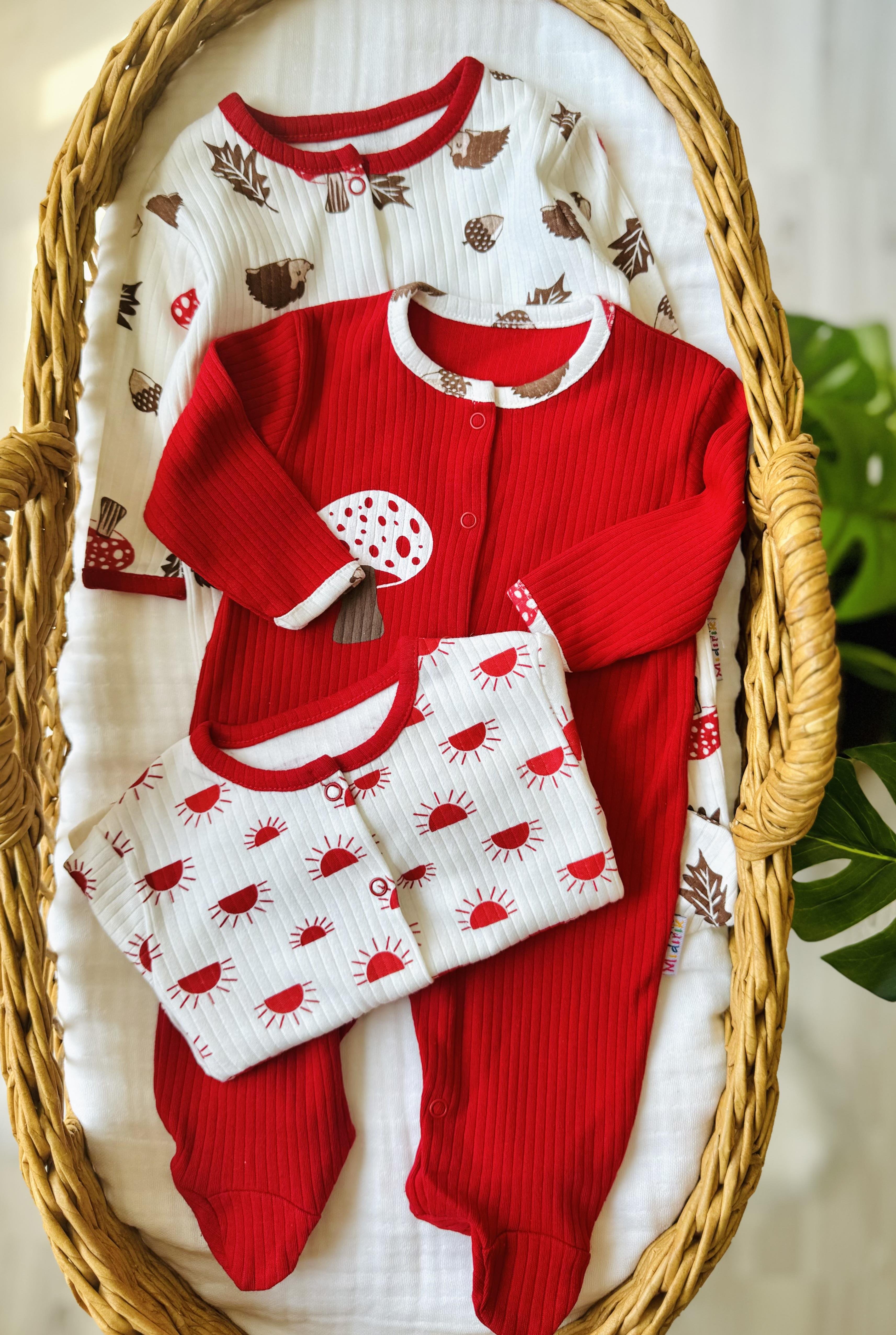 Unisex 3lu Mantar Desenli Patikli Kaşkorse Tulum Set 