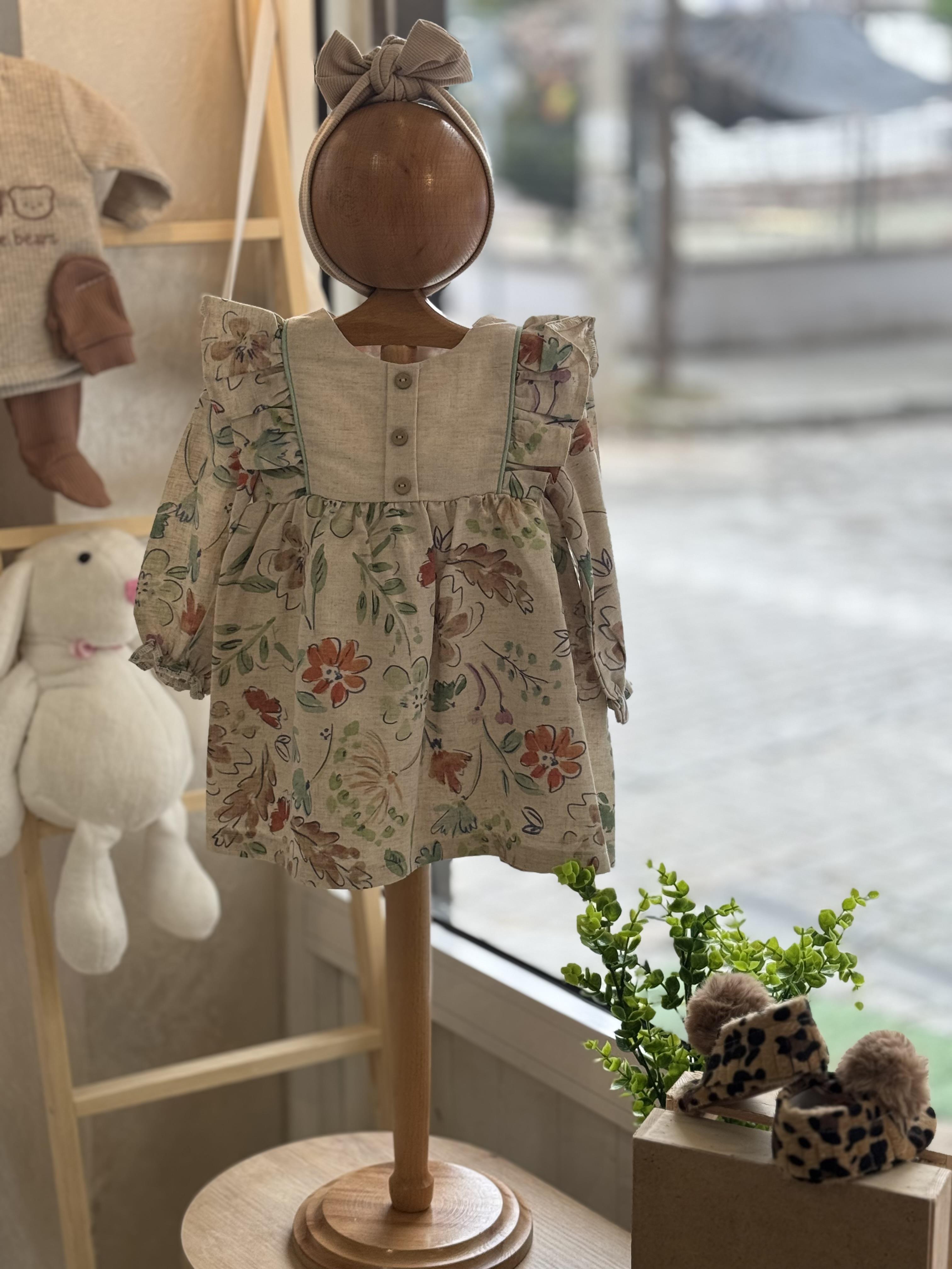 Vintage Flowers Keten Elbise