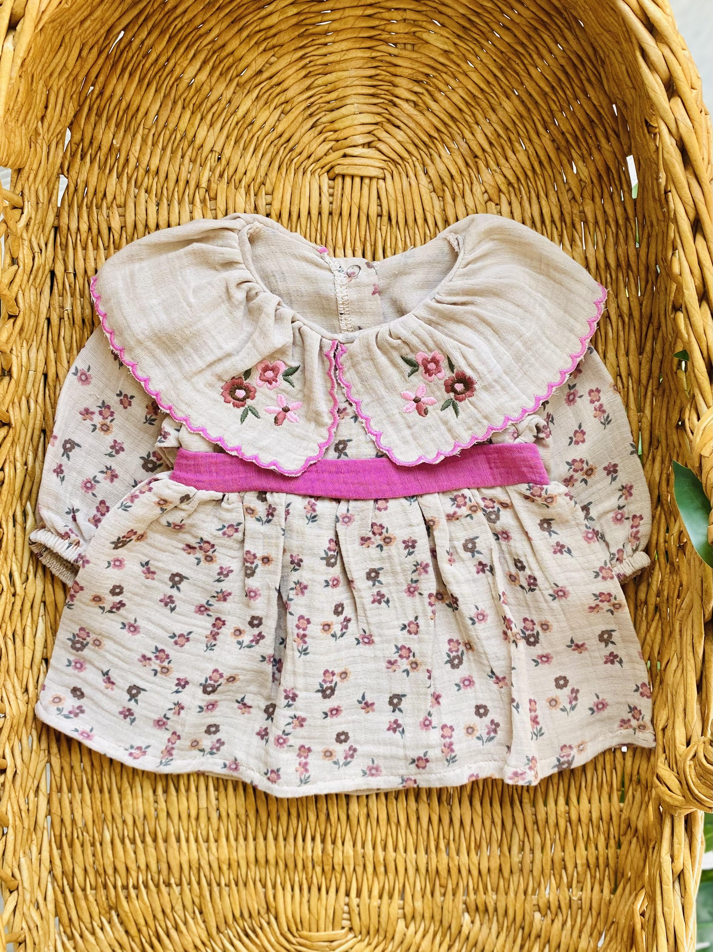 Vintage Pembe Çiçek Müslin Elbise