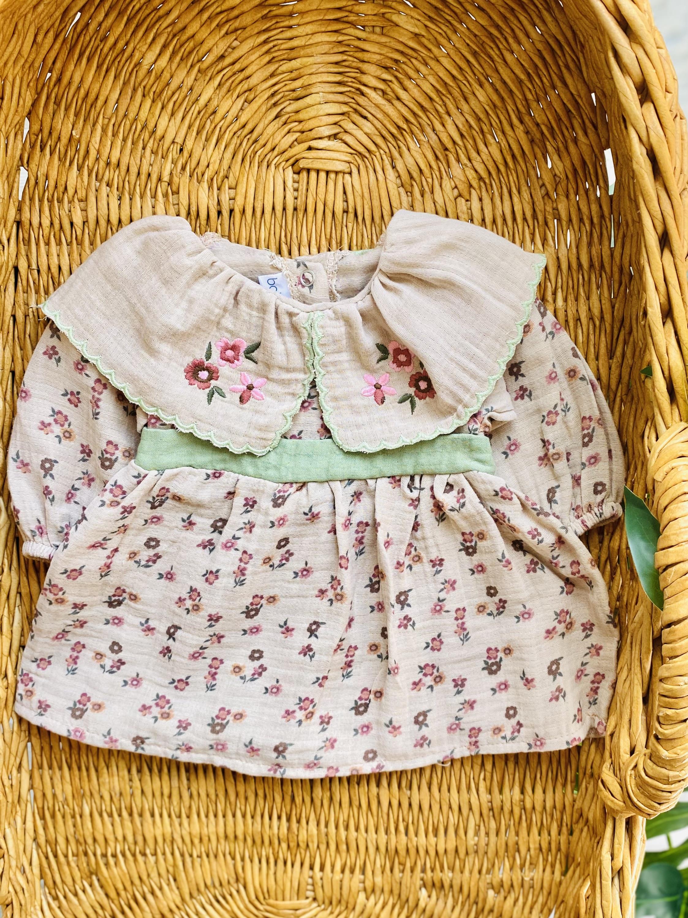 Vintage Yeşil Çiçek Müslin Elbise 