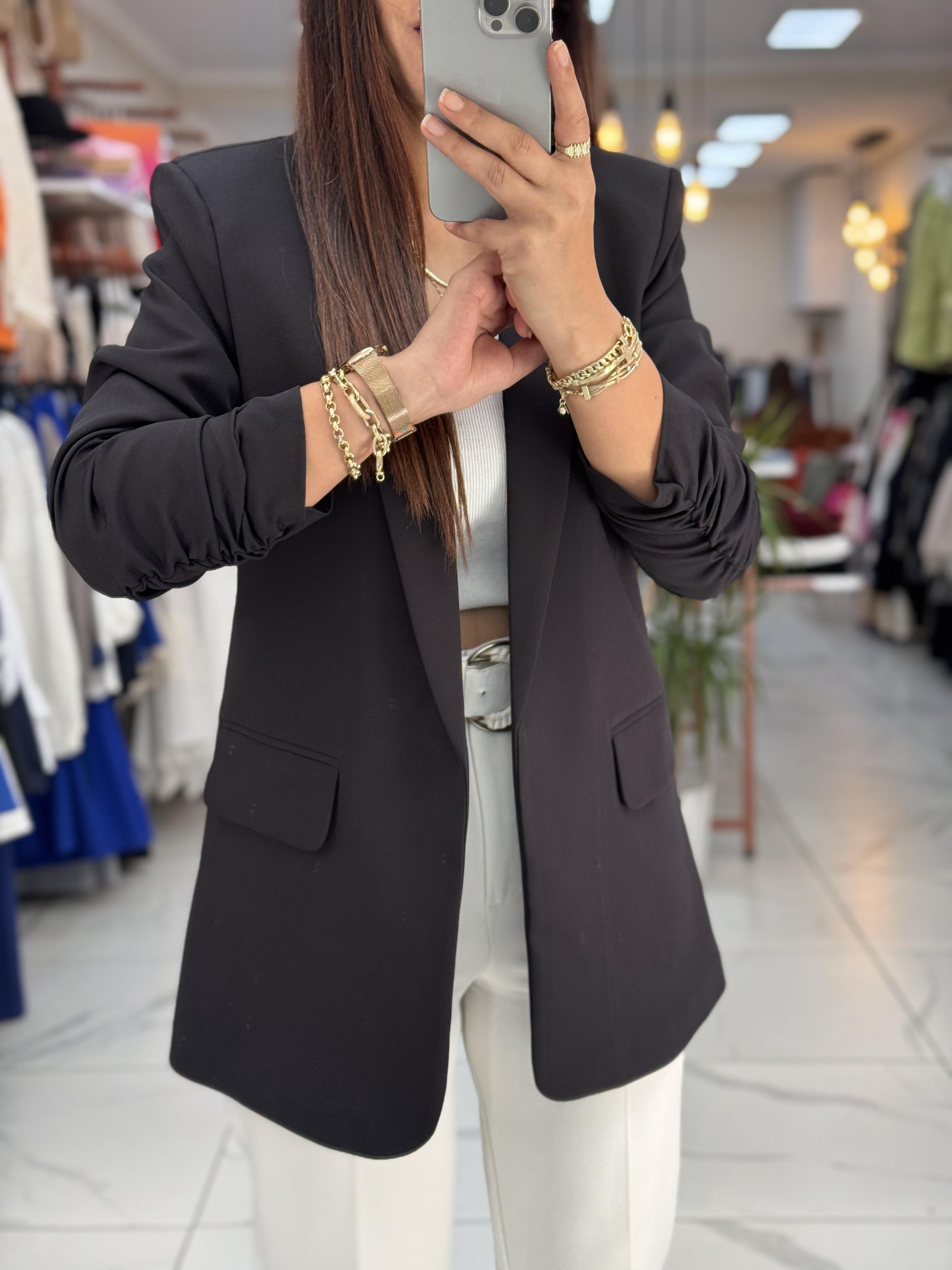  Kolu Büzgülü Blazer Ceket Siyah