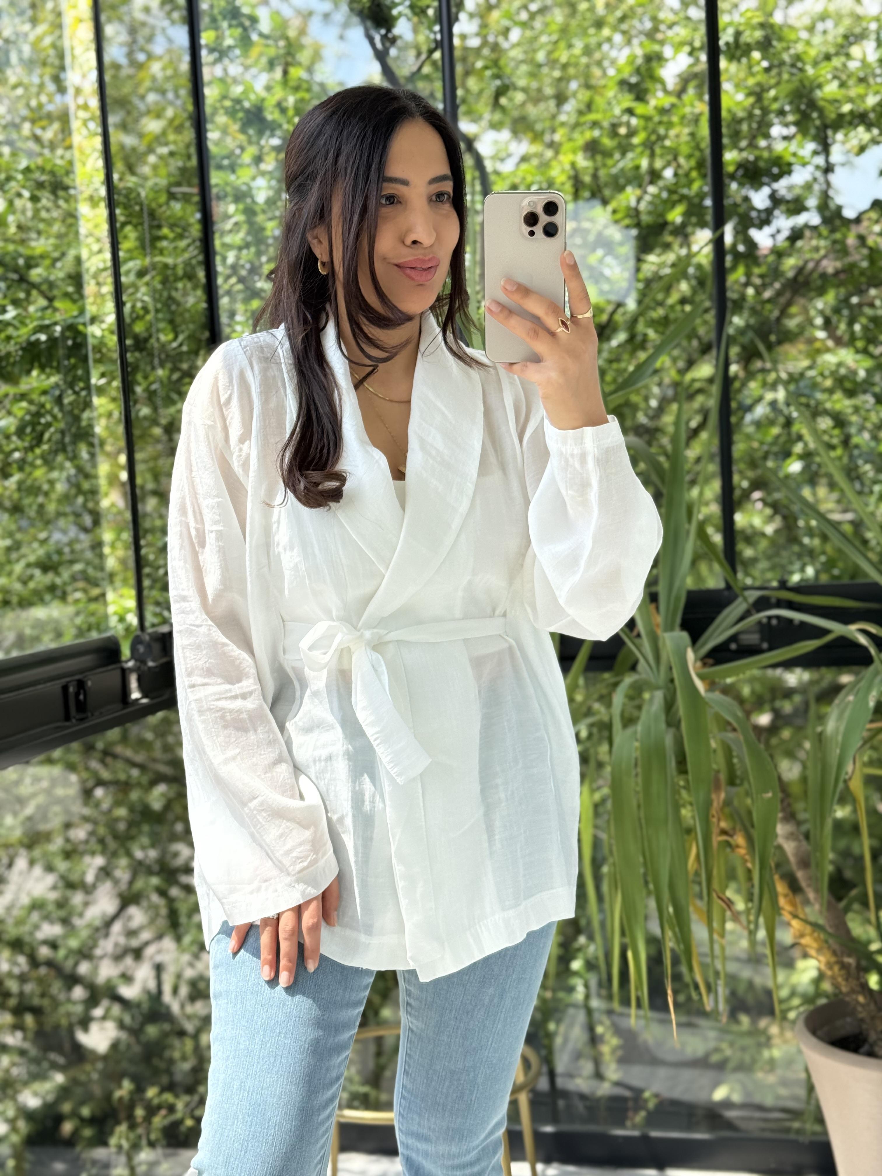 Kruvaze Yaka Bağlamalı Kimono Ekru