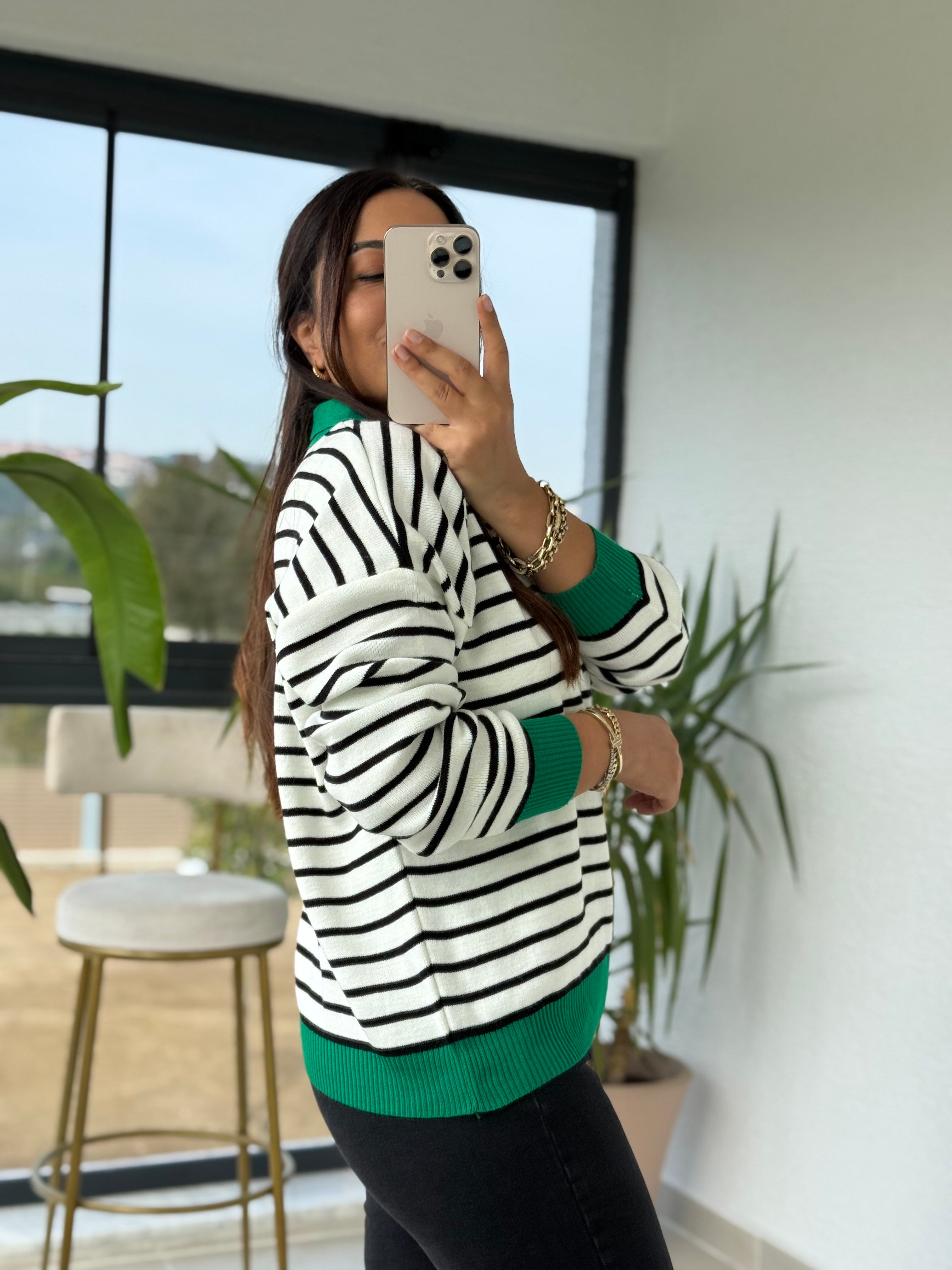 Polo Yaka Çizgili Renk Detaylı Sweatshirt Yeşil