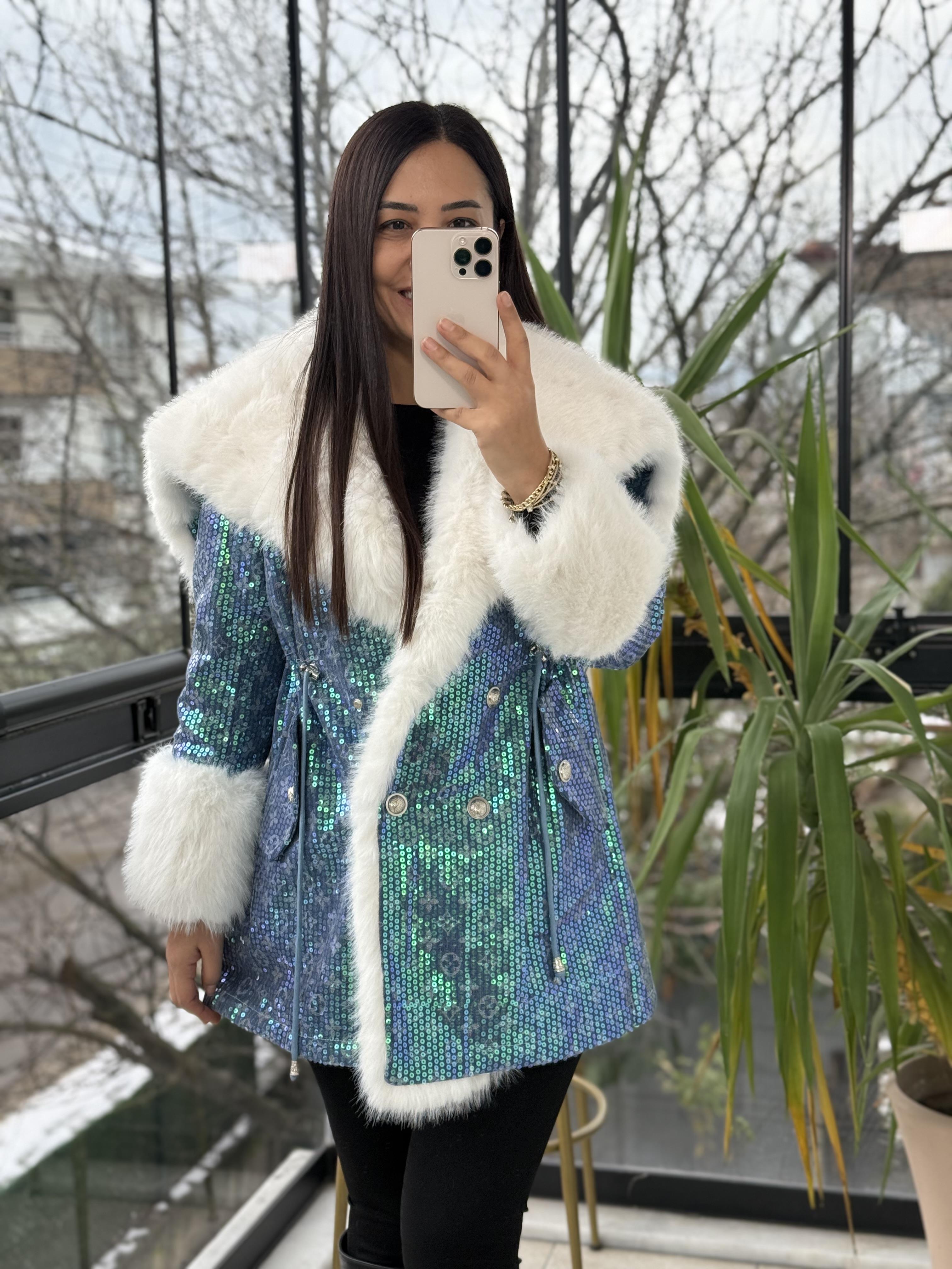 İthal Full payetli Kürk Mavi