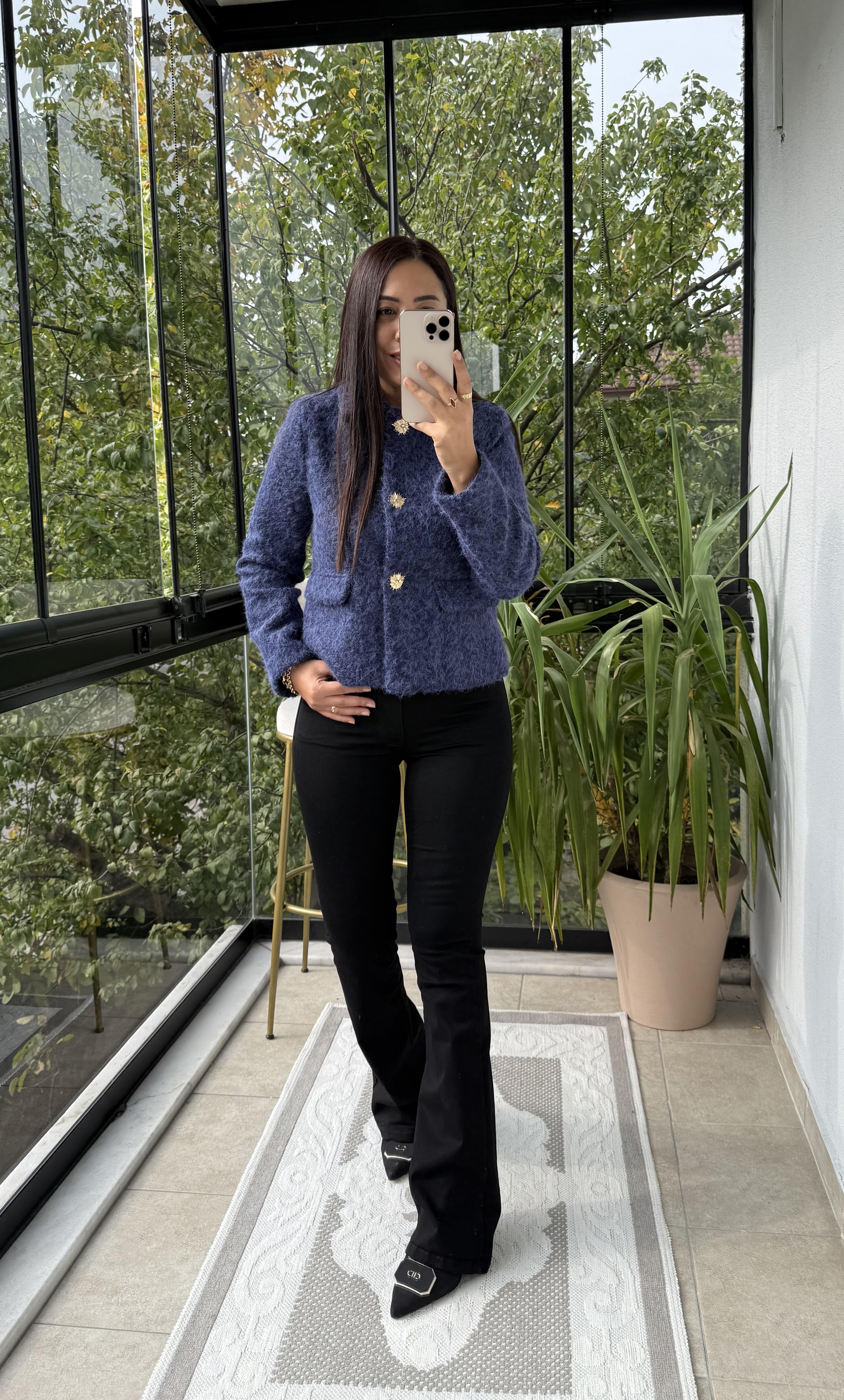 Kısa Gold Düğme Yün Ceket Lacivert