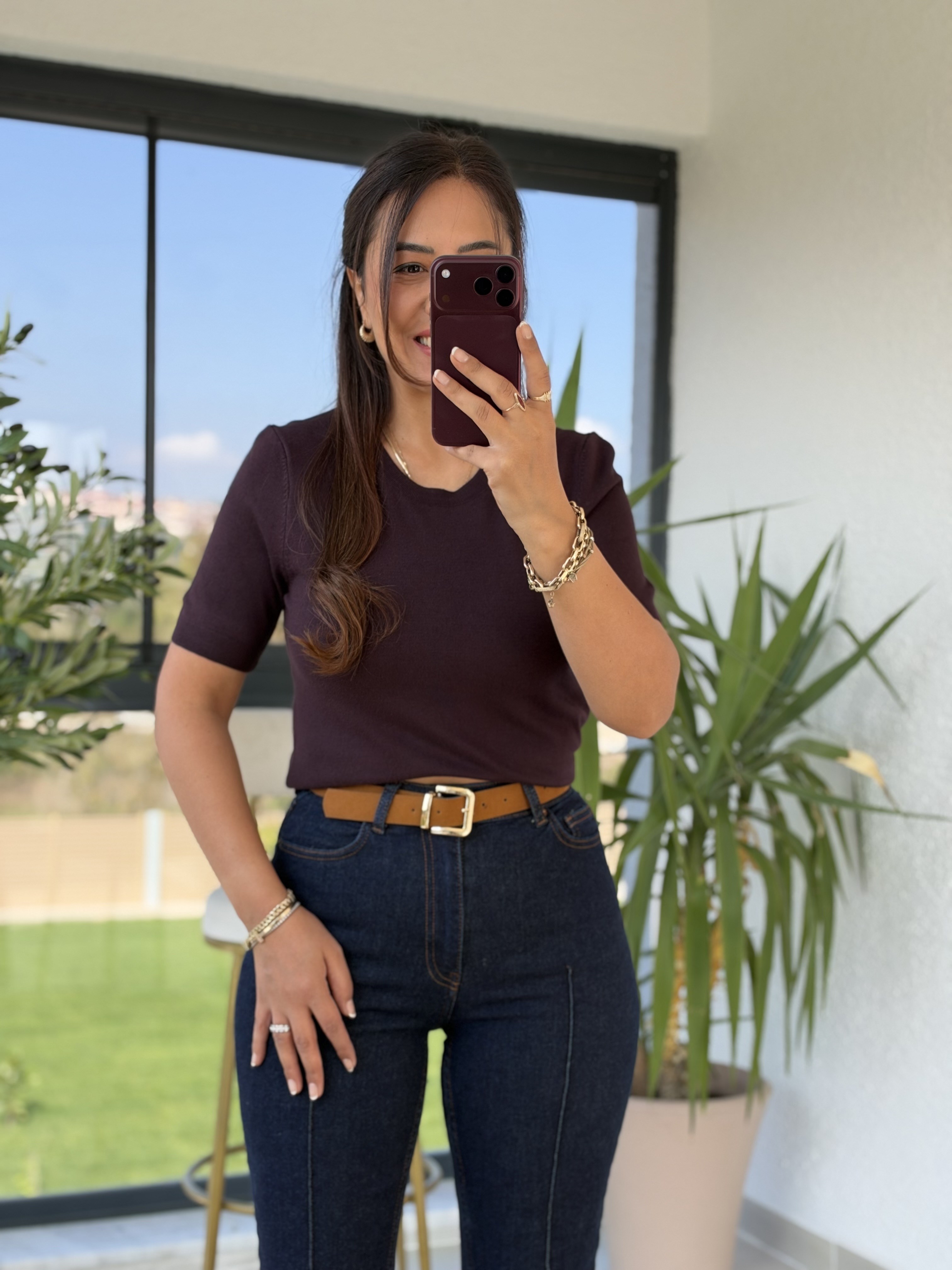 Bisiklet Yaka Kısa Kol Basic Triko Bluz Mürdüm
