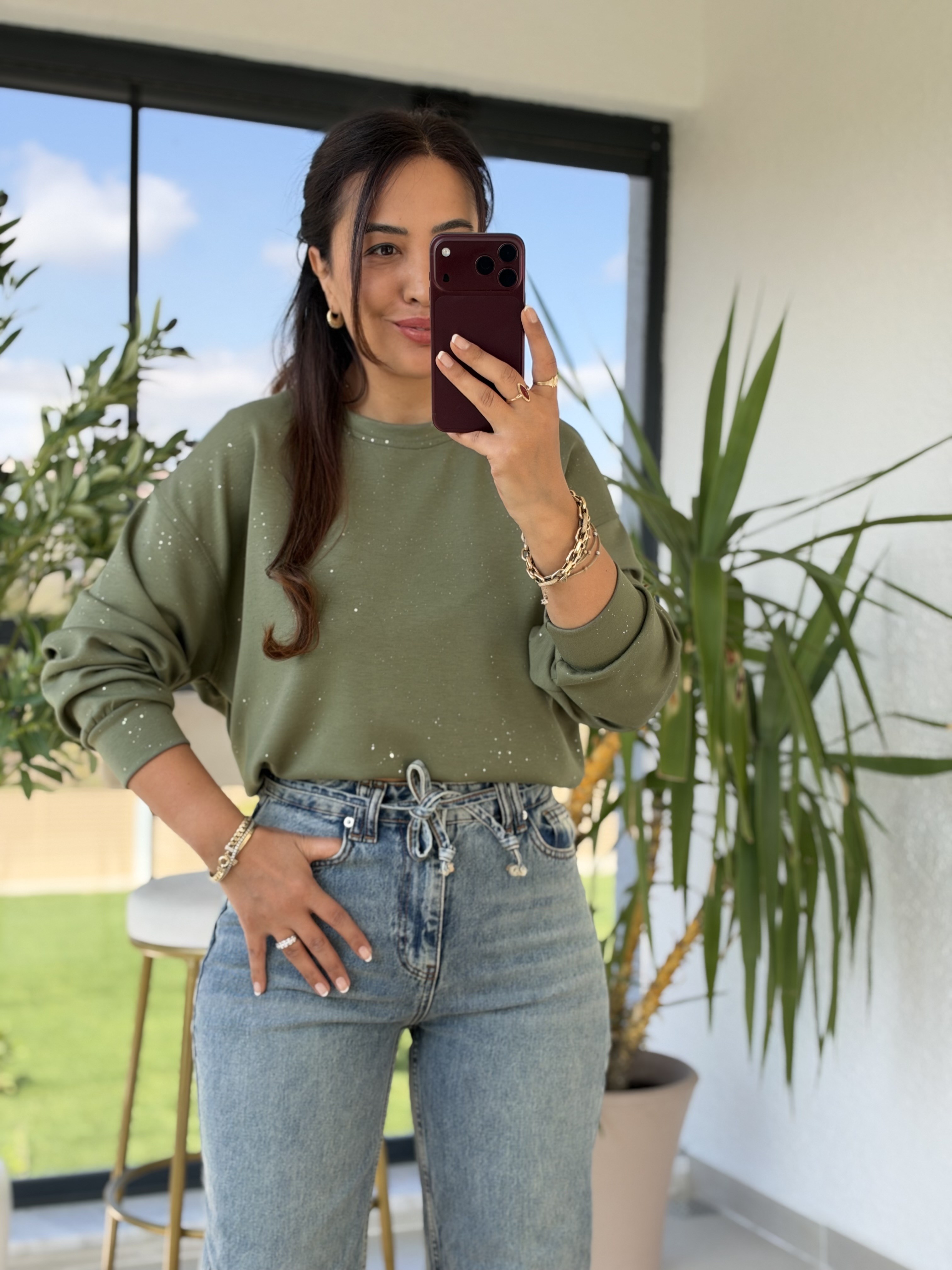 Simli Oysh Sweatshirt Haki Yeşili
