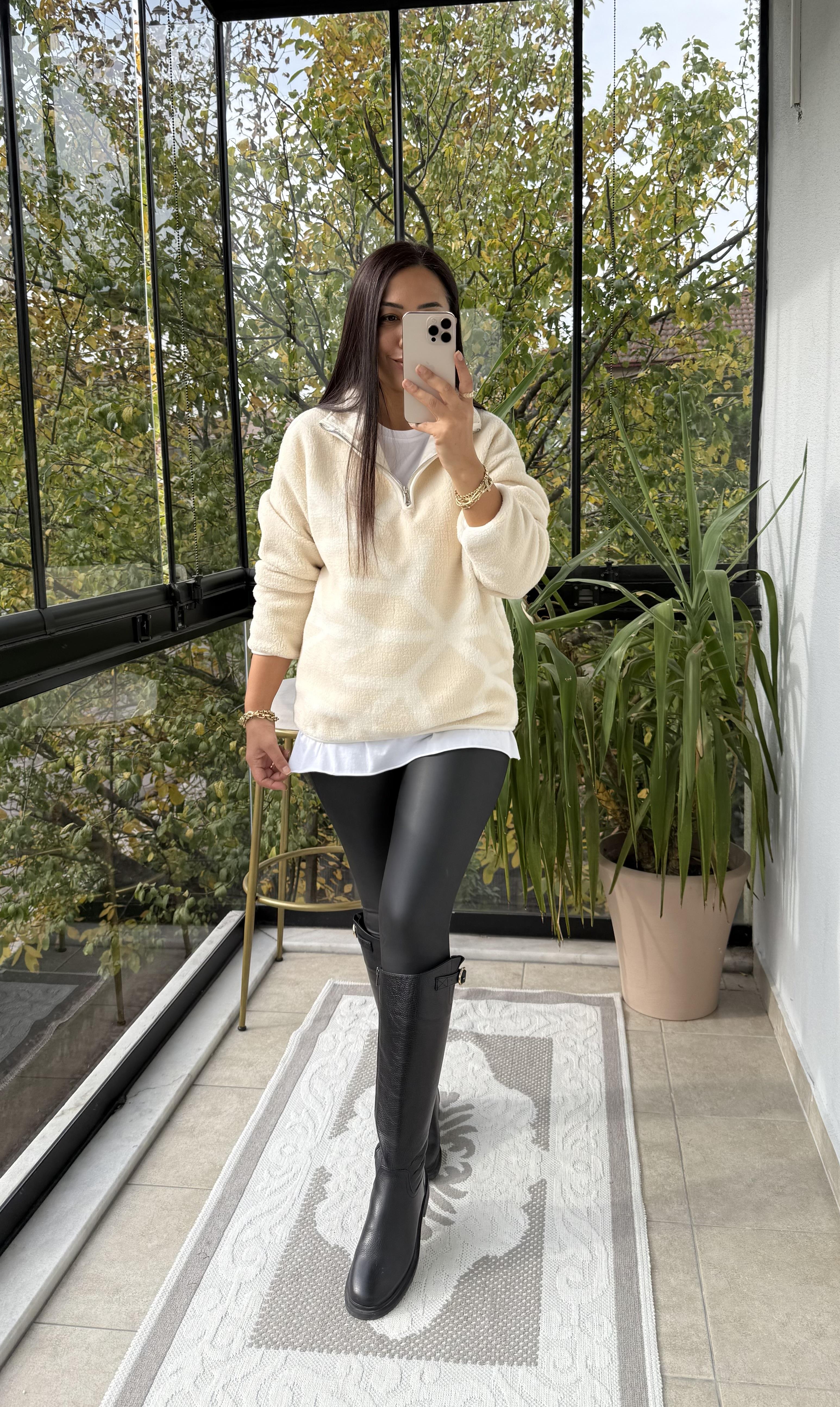 Desenli Fermuarlı Polar Sweat Bej