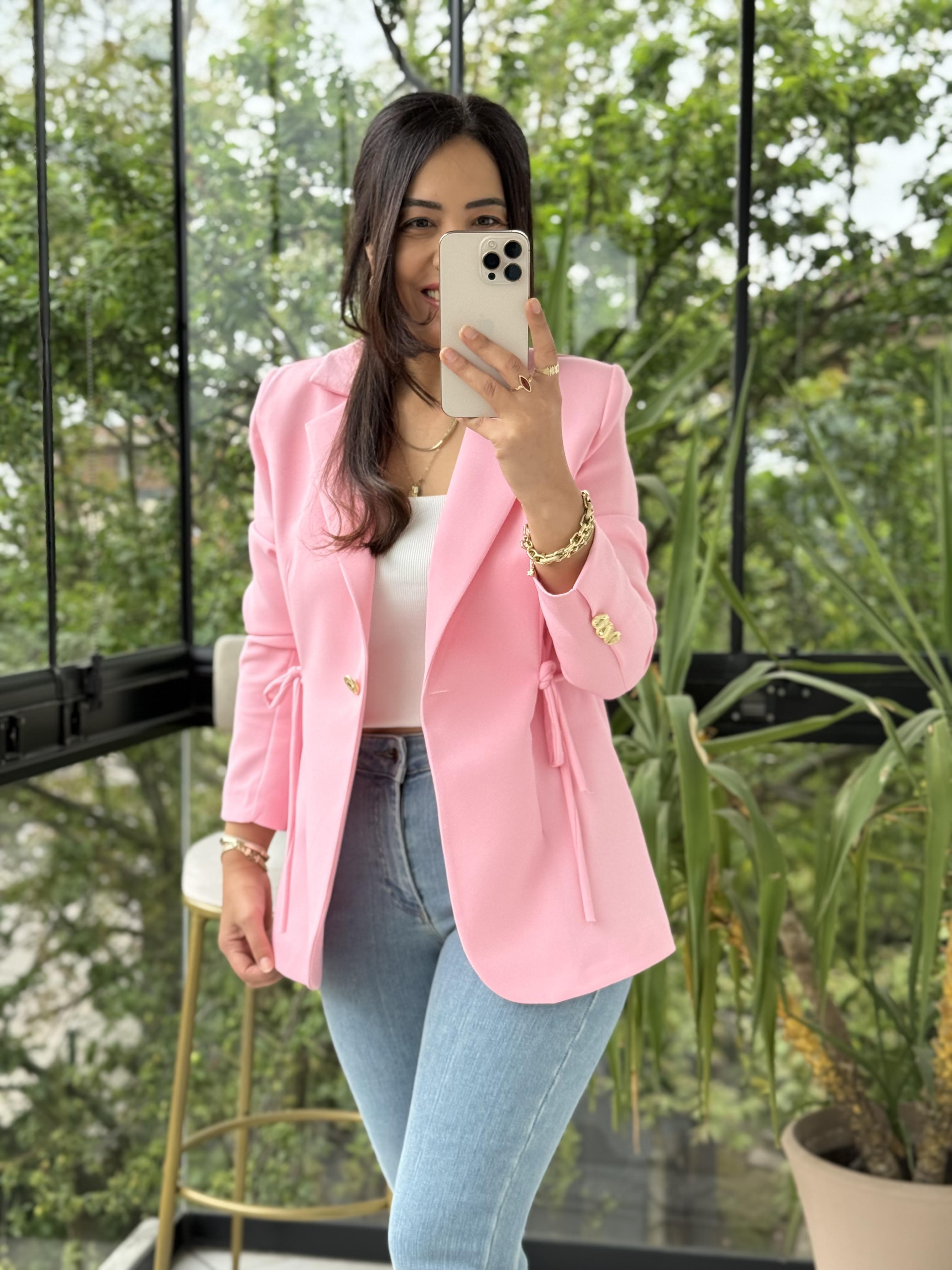 Yanı Bağcıklı Slim Blazer Ceket Pembe