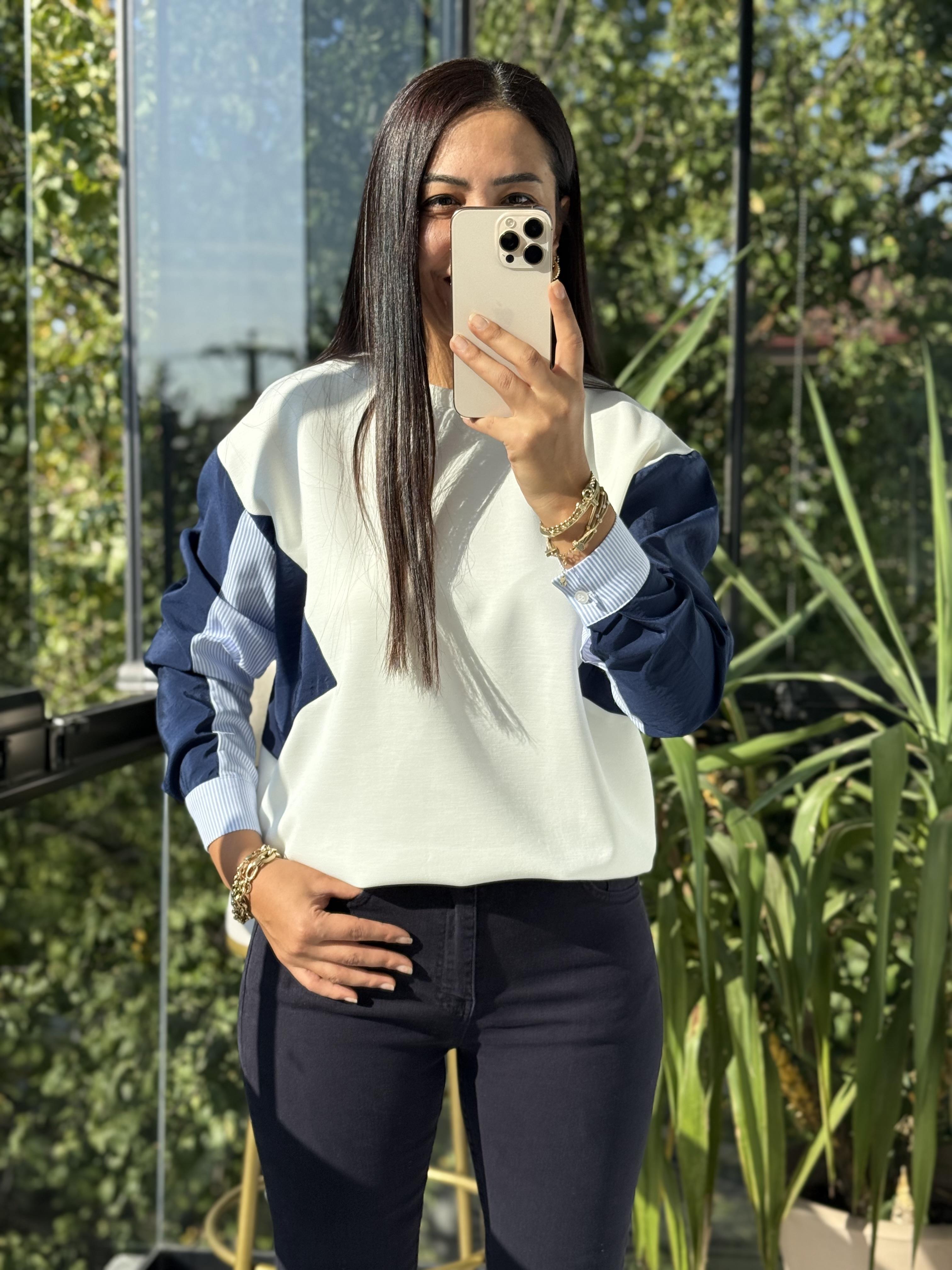 Colourblock Kol Sweatshirt Beyaz