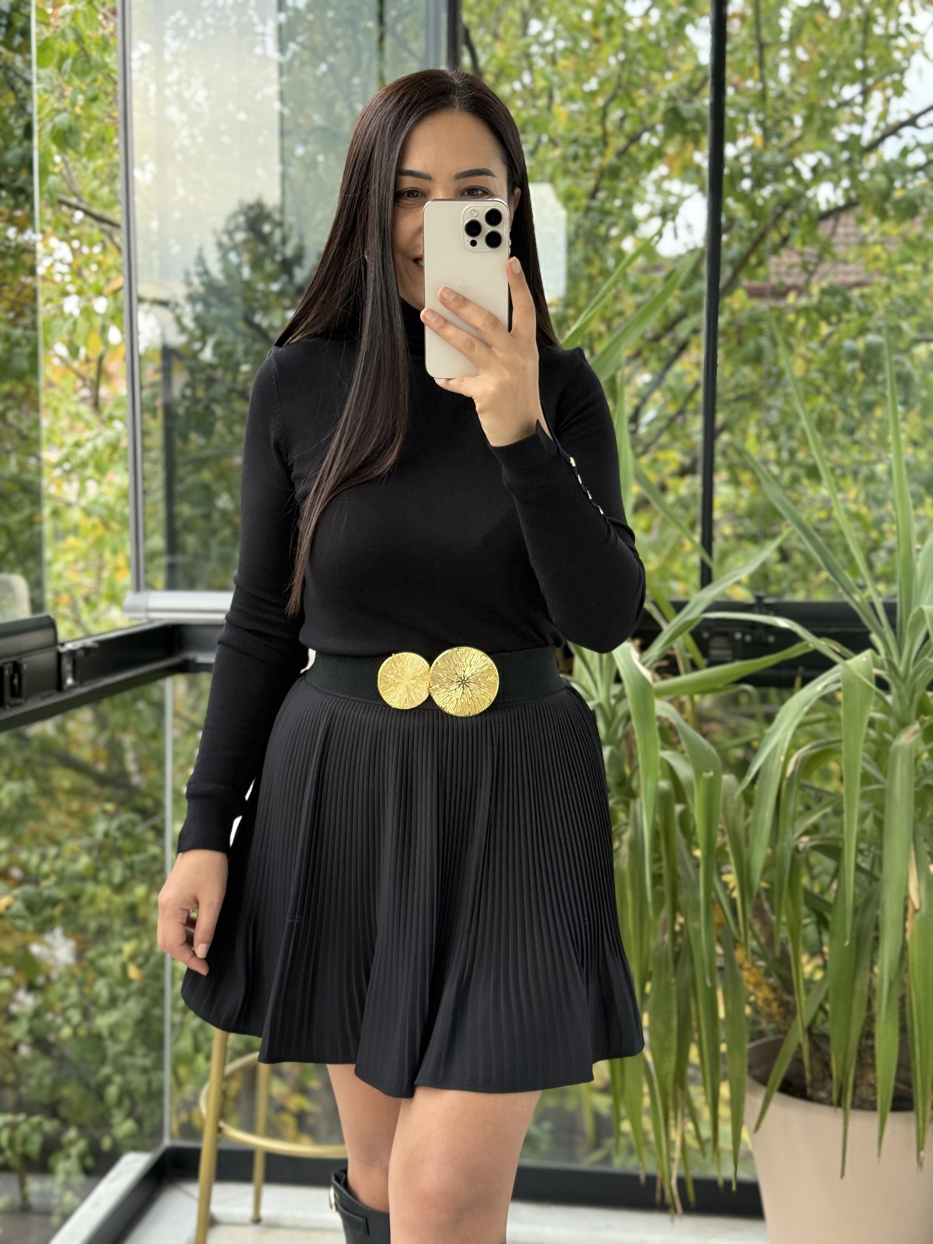 Piliseli Beli Lastikli Etek Siyah