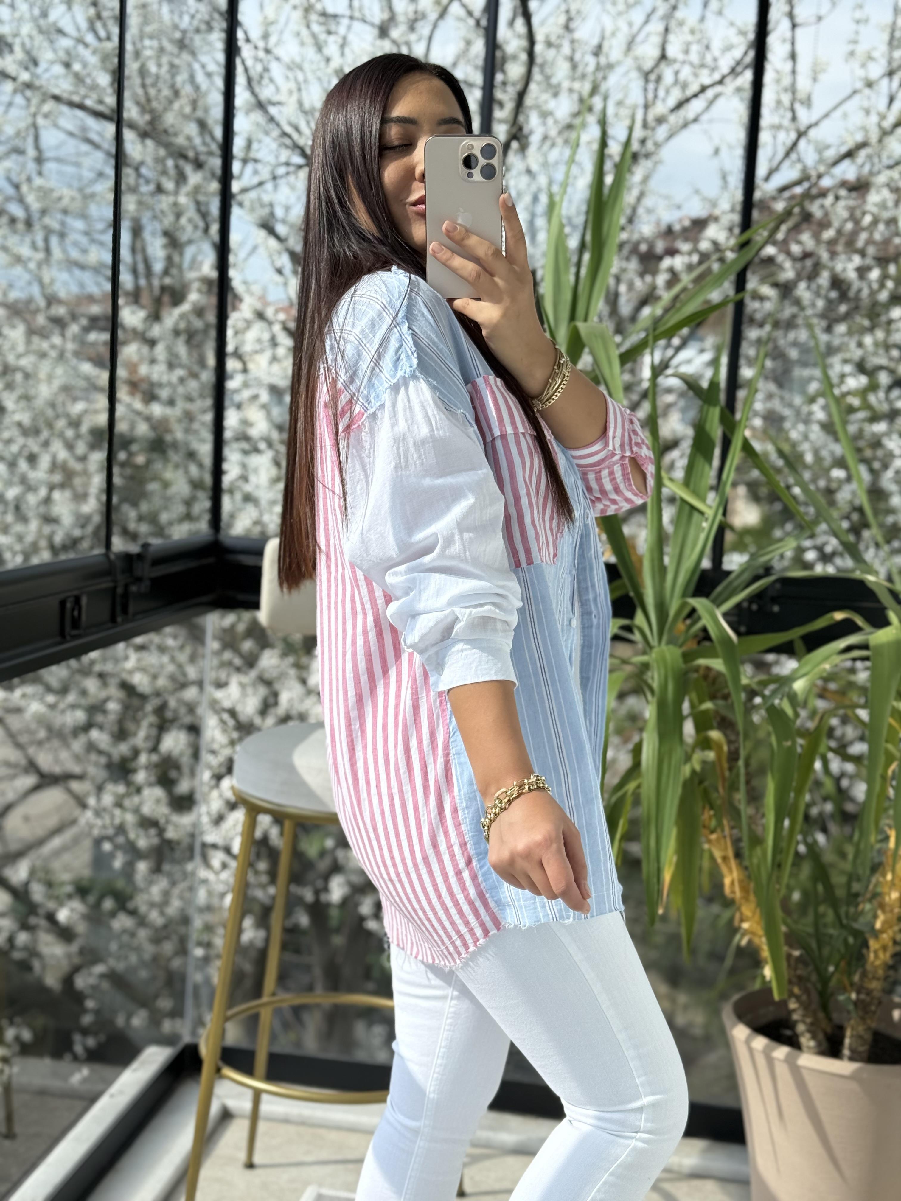 Cep Detaylı Çizgili Pamuklu Gömlek Beyaz