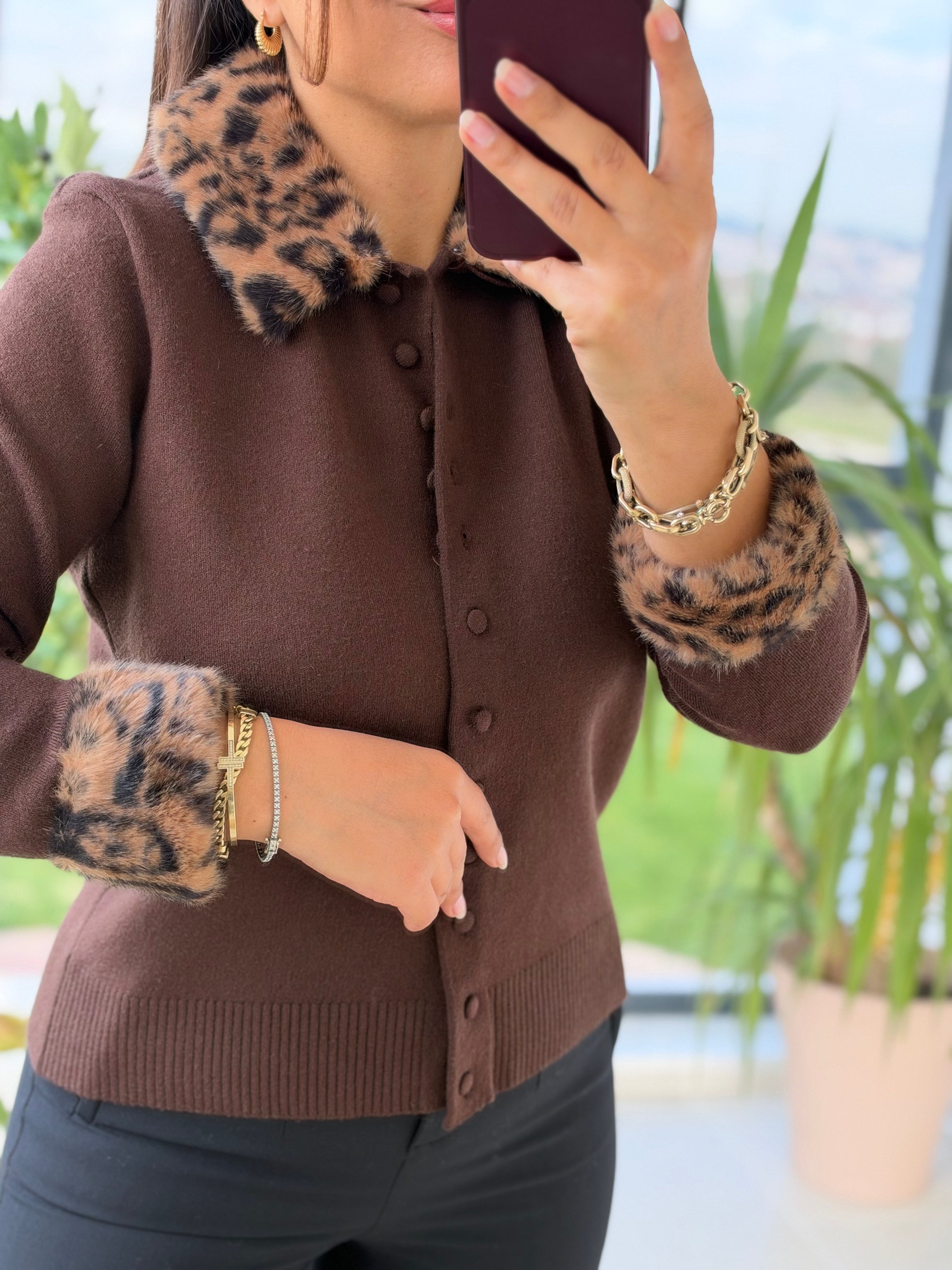 Leopar Kürklü Yakalı Lüx Seri Hırka Kahve