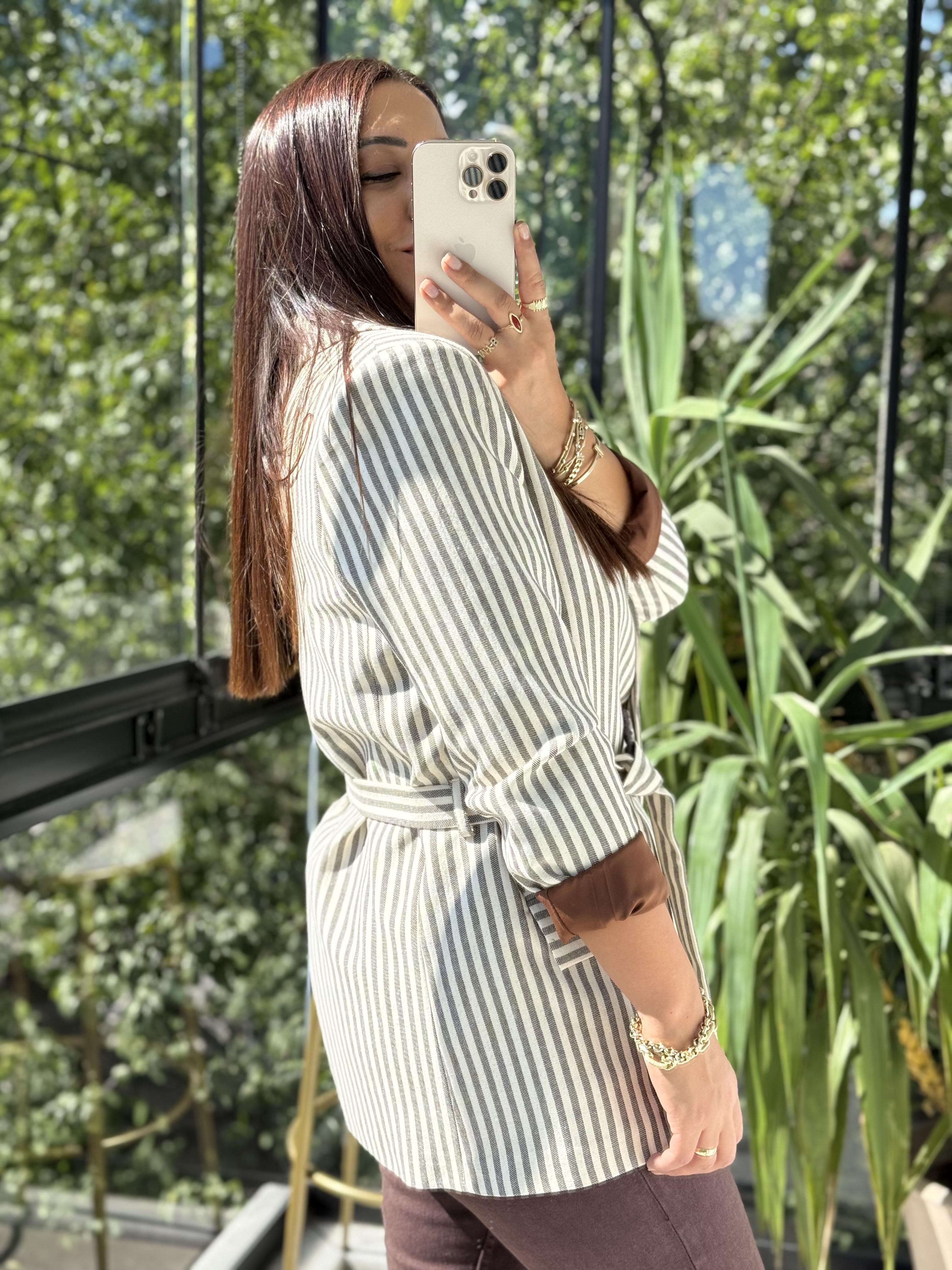 Çizgili Keten Ceket Kahve