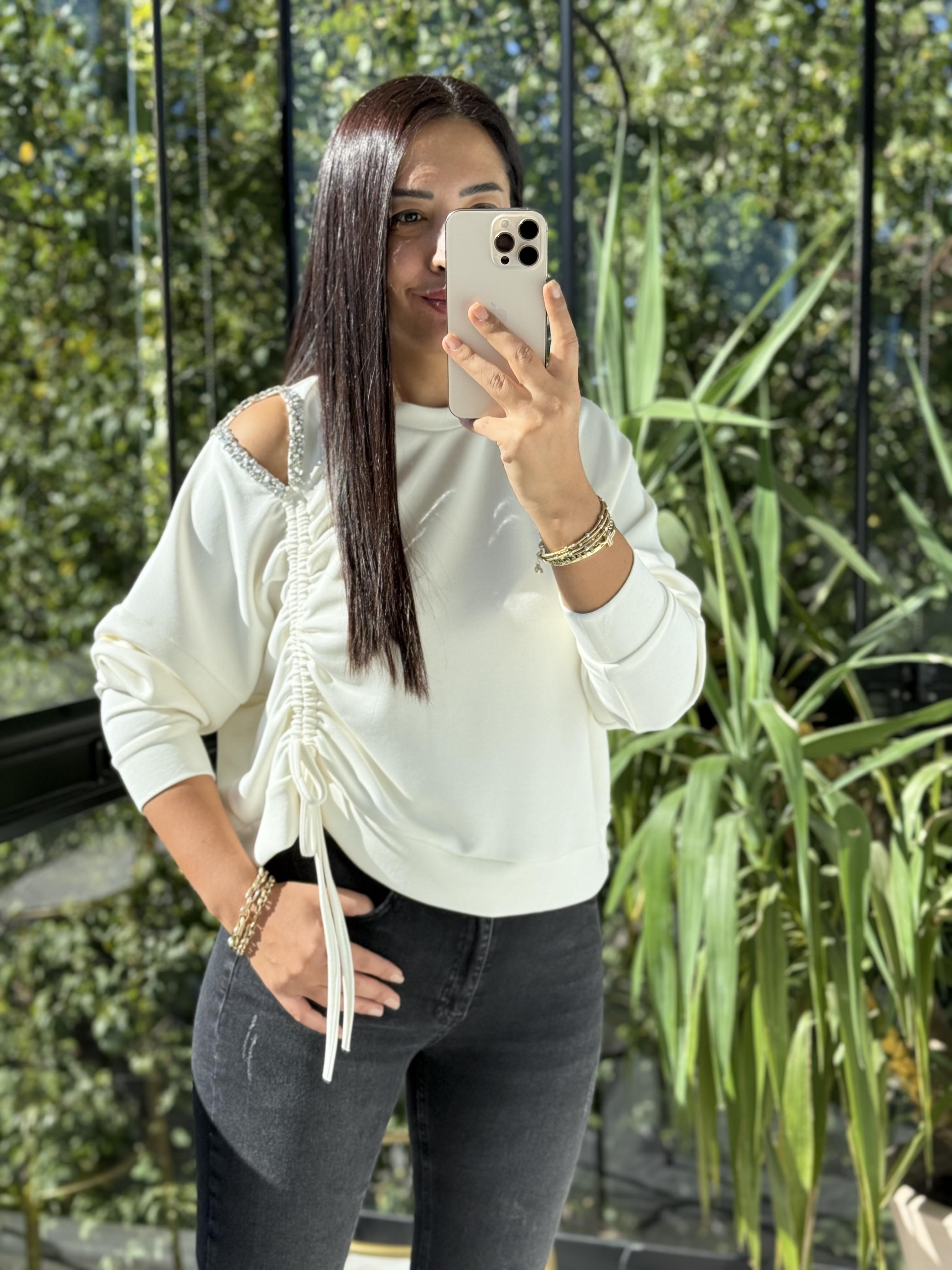 Taş Detay Kordonlu Modal Sweatshirt Ekru
