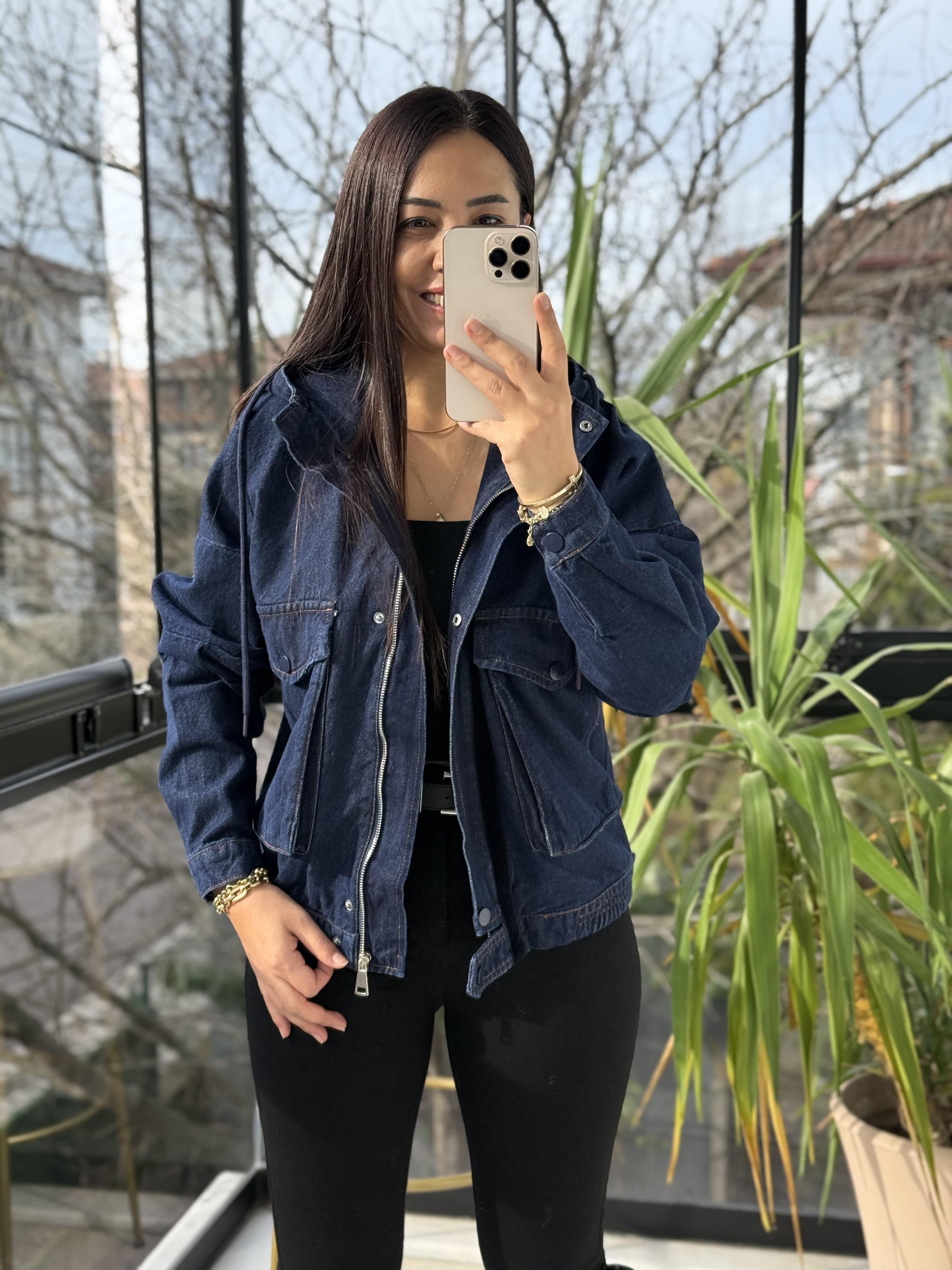 Kapüşonlu Kot Ceket Lacivert