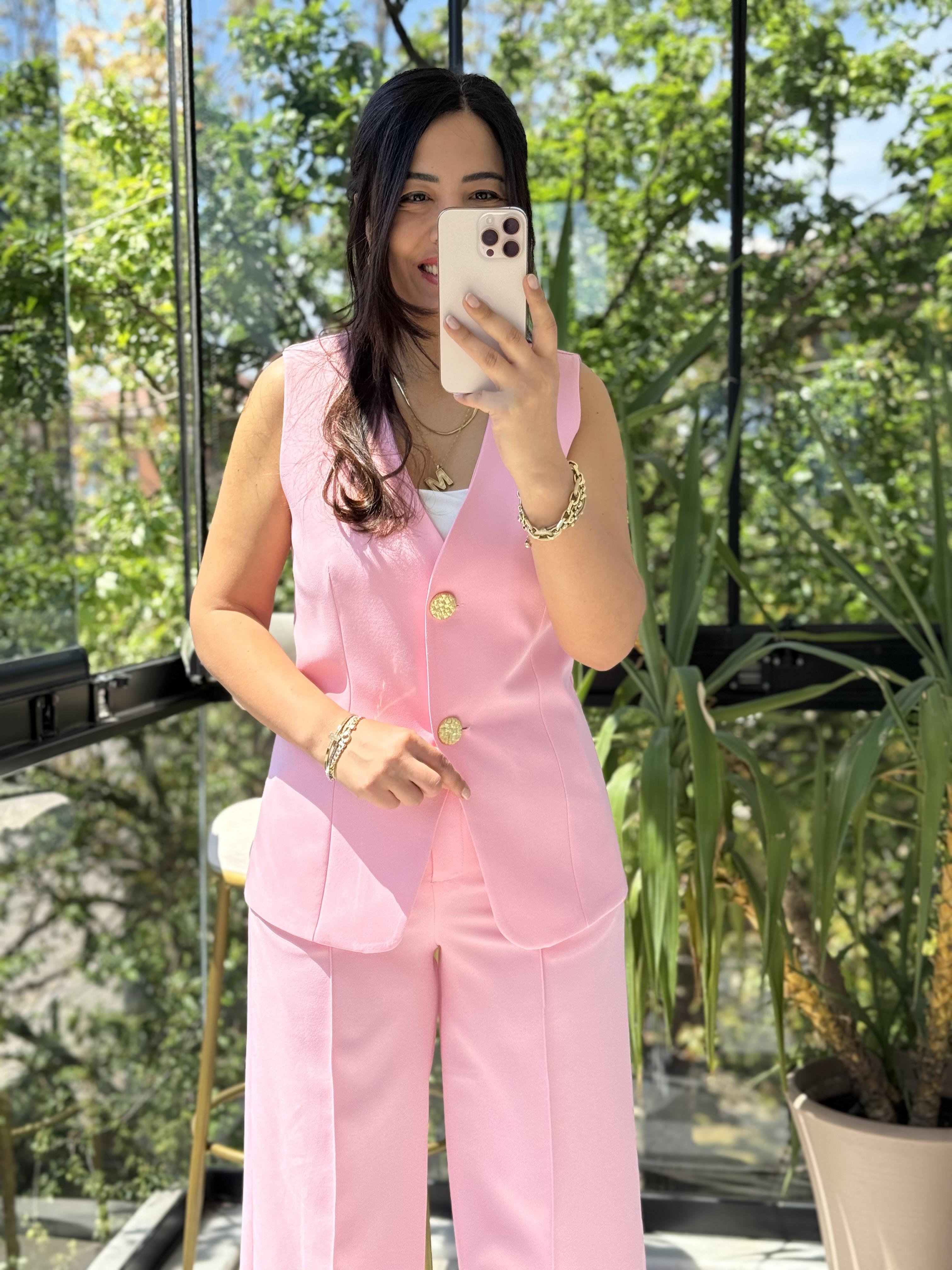 Yelekli Palazzo Takım Pembe