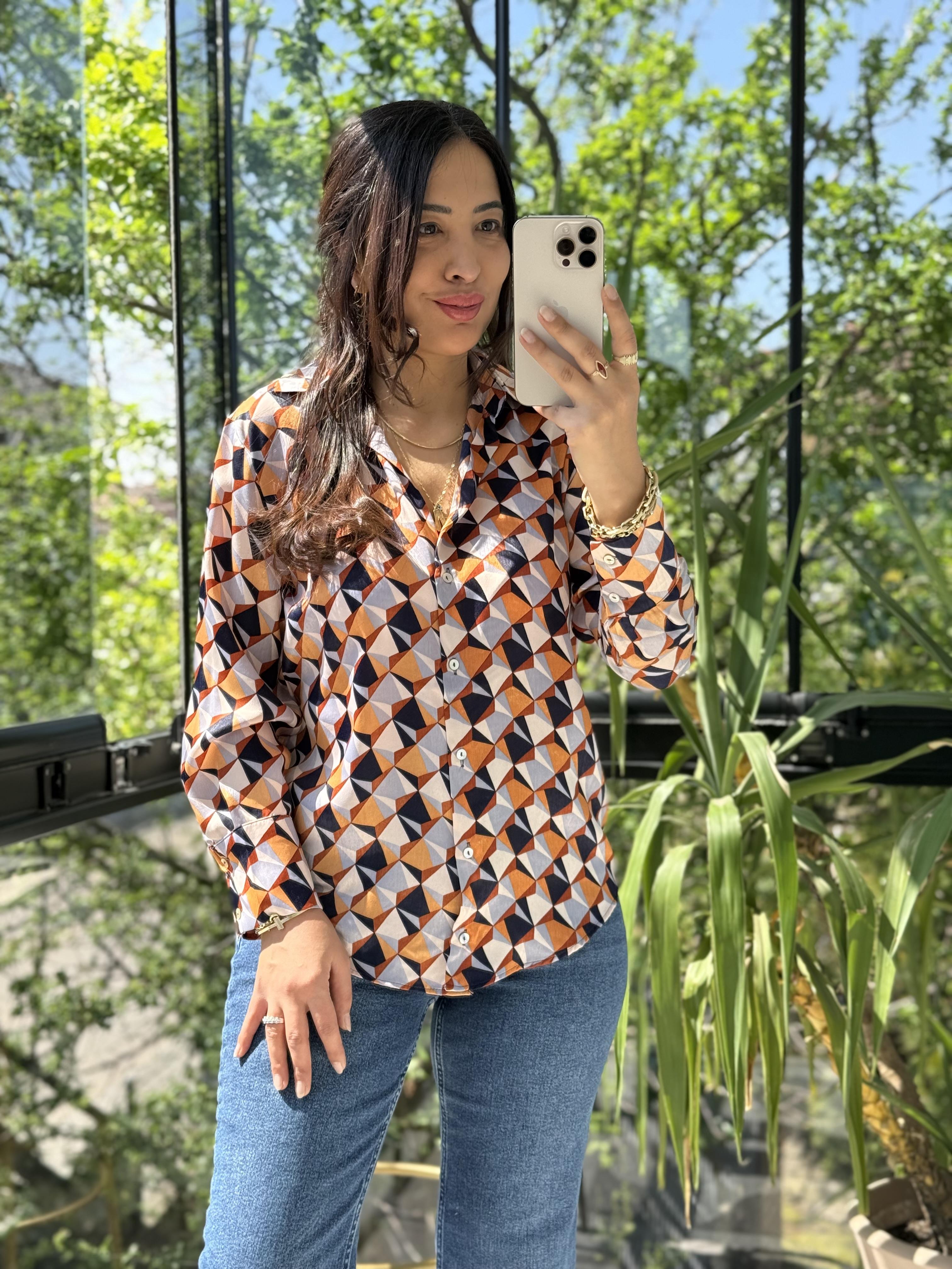 Desenli Saten Gömlek Pudra